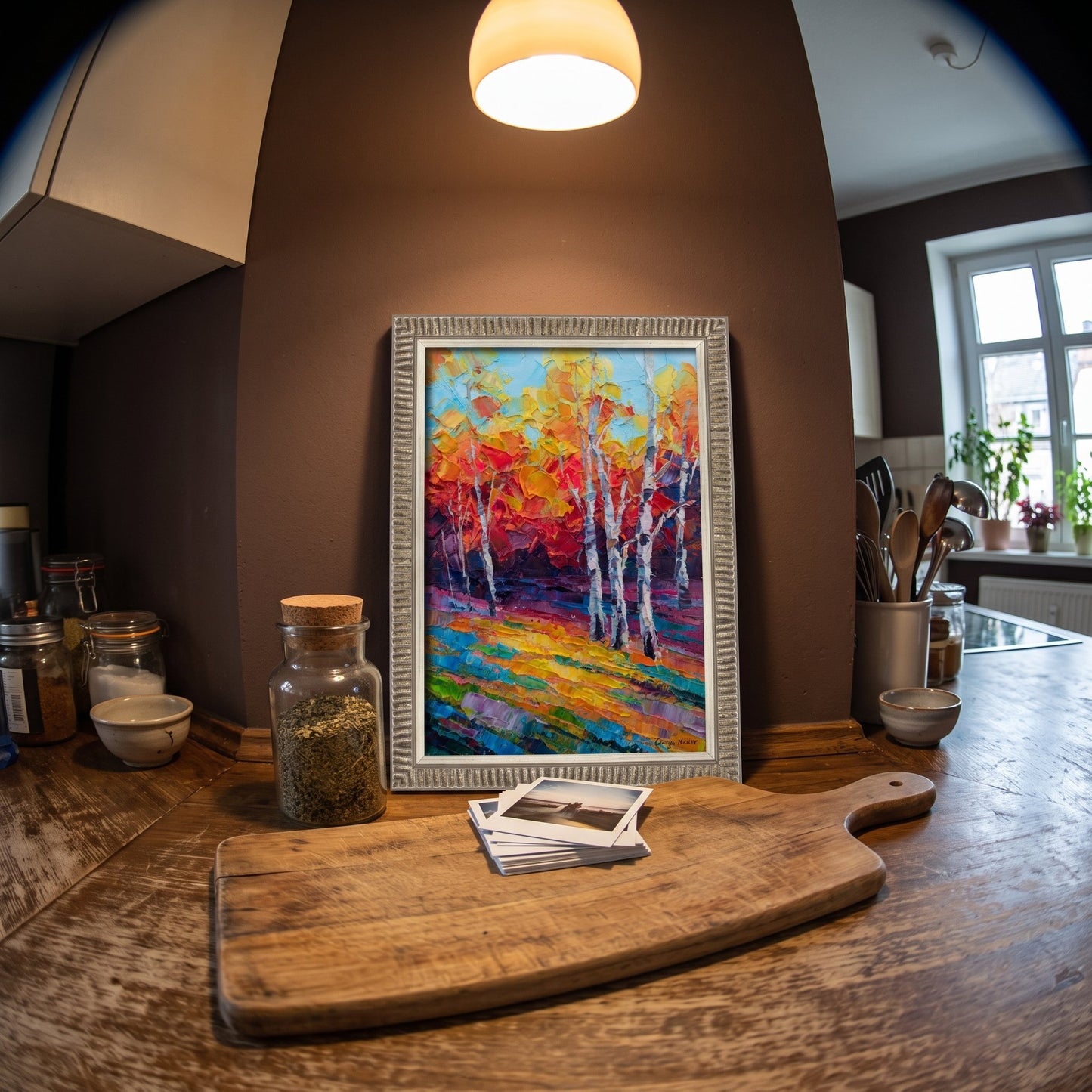 Rustic Farmhouse Kitchen — Vibrant Expressionist Landscape Art Transforms Space with Bold Colors and Warm Ambiance