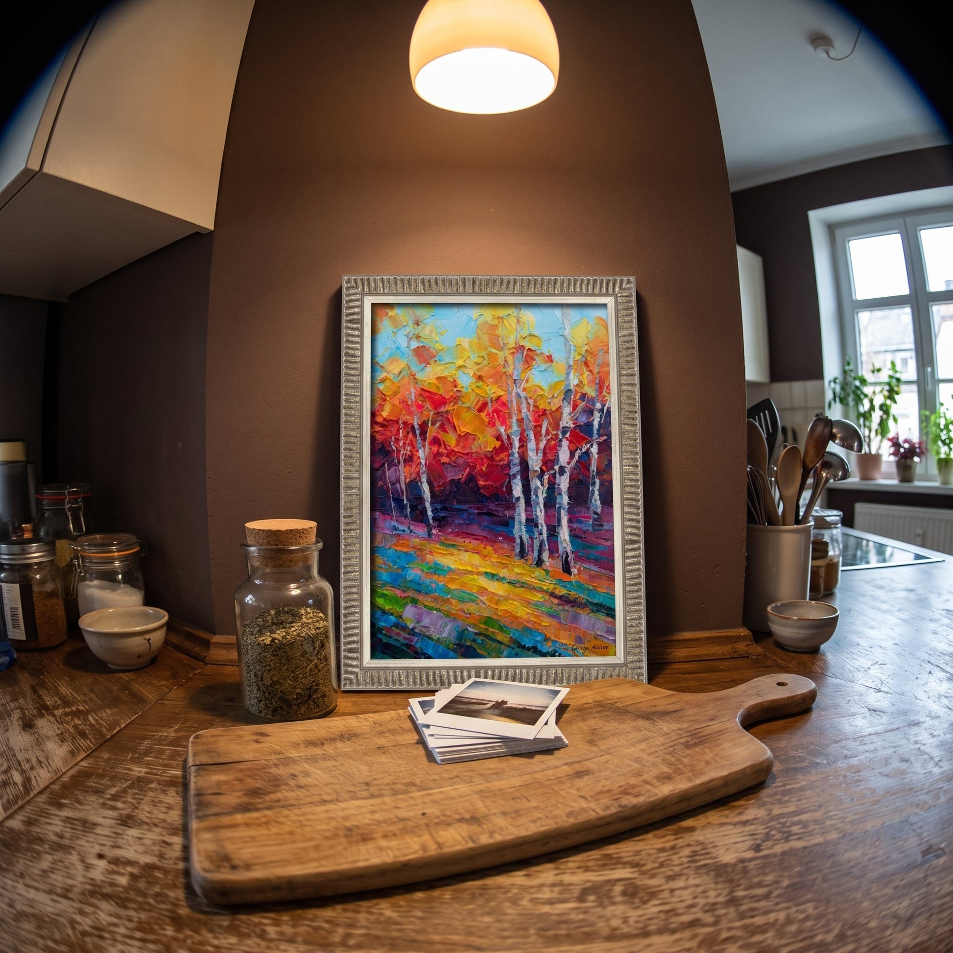 Rustic Farmhouse Kitchen — Vibrant Expressionist Landscape Art Transforms Space with Bold Colors and Warm Ambiance
