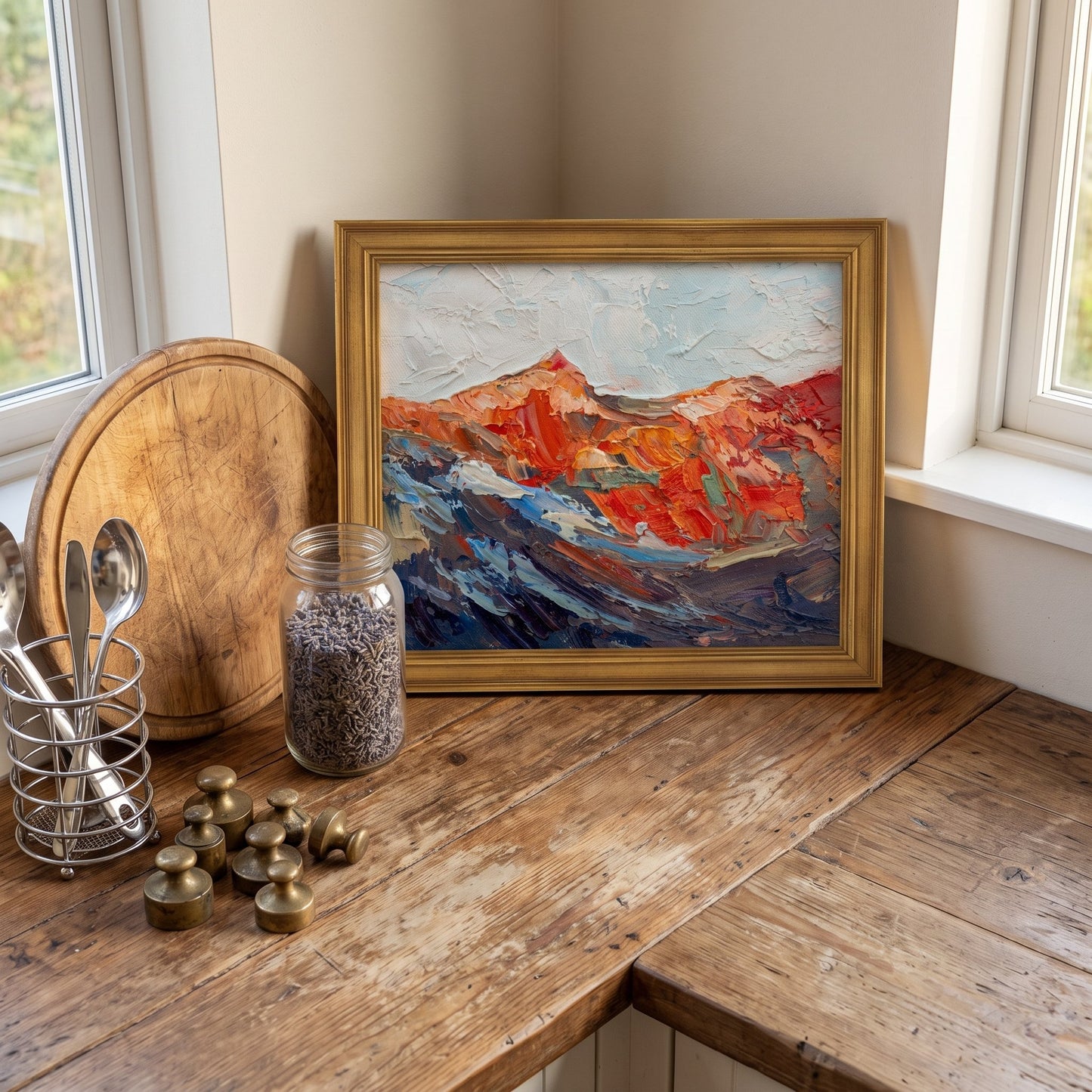 Rustic Farmhouse Kitchen — Vibrant expressionist landscape painting adds bold color and texture to a warm wooden countertop
