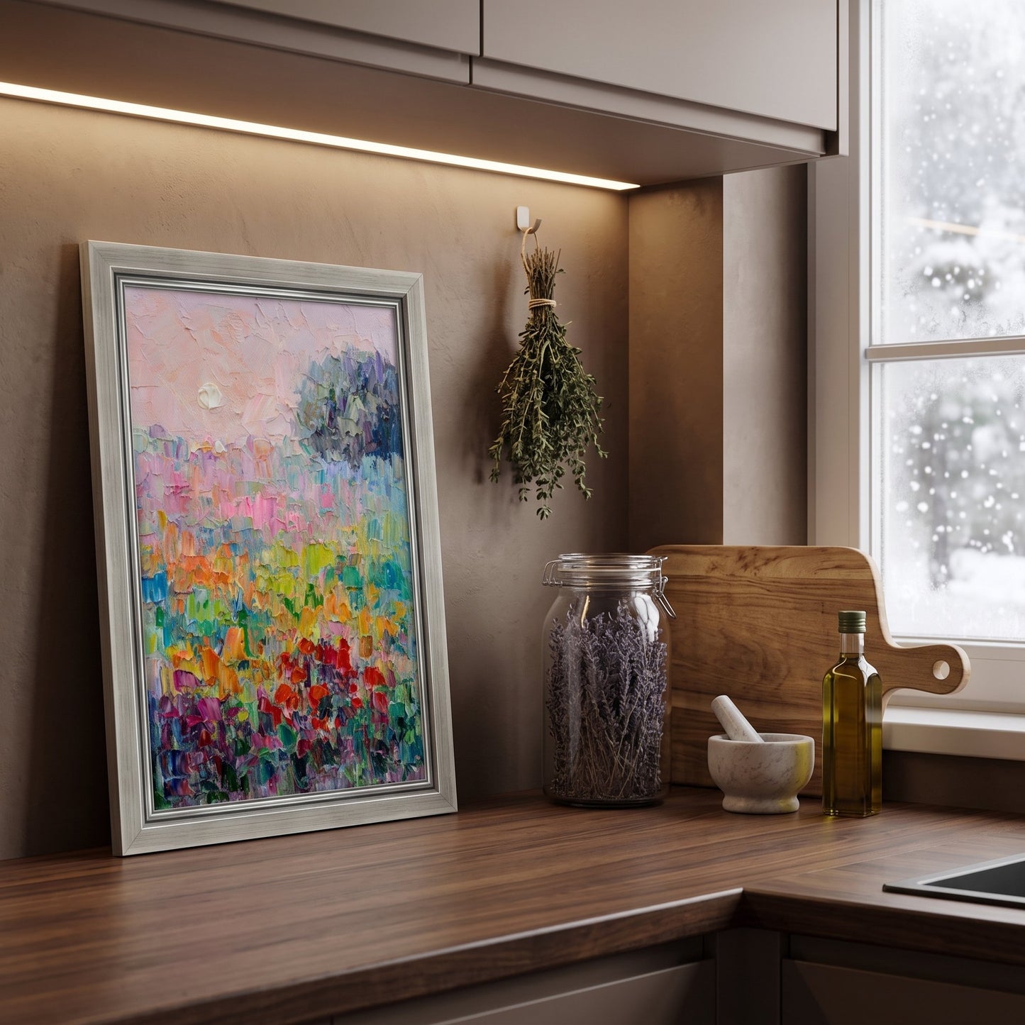 Modern rustic kitchen — vibrant Impressionist landscape adds warmth and color to a cozy, nature-inspired space