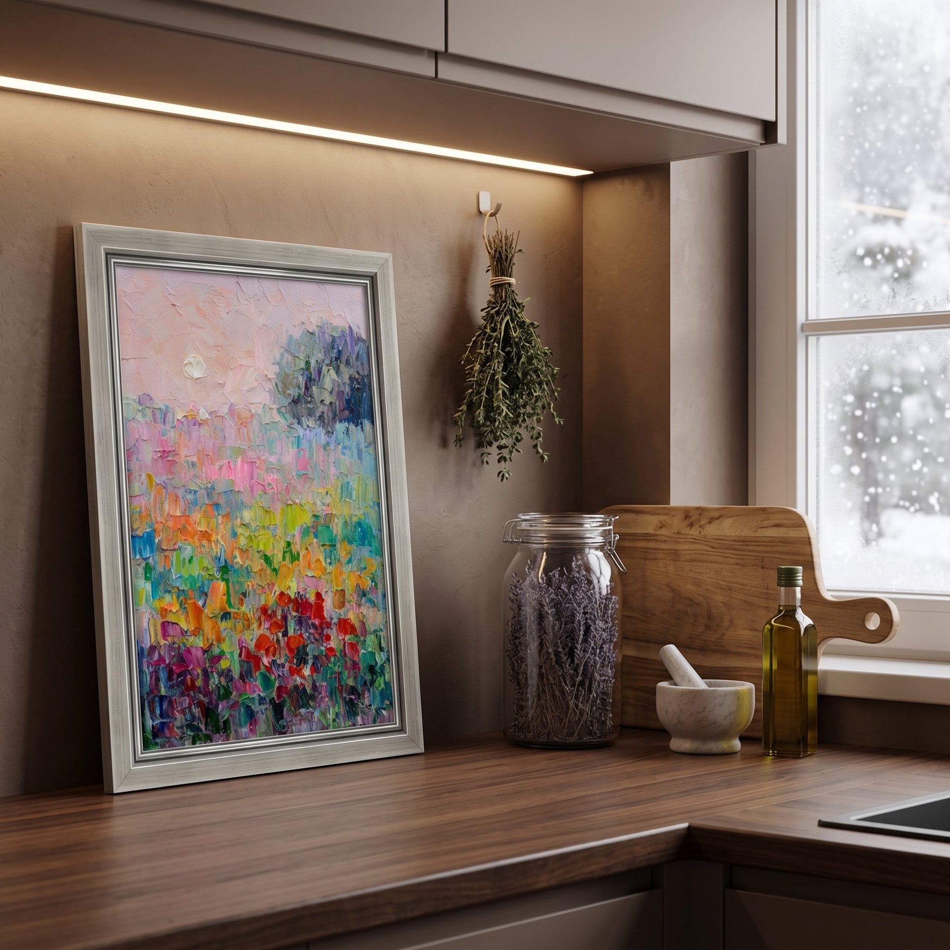 Modern rustic kitchen — vibrant Impressionist landscape adds warmth and color to a cozy, nature-inspired space