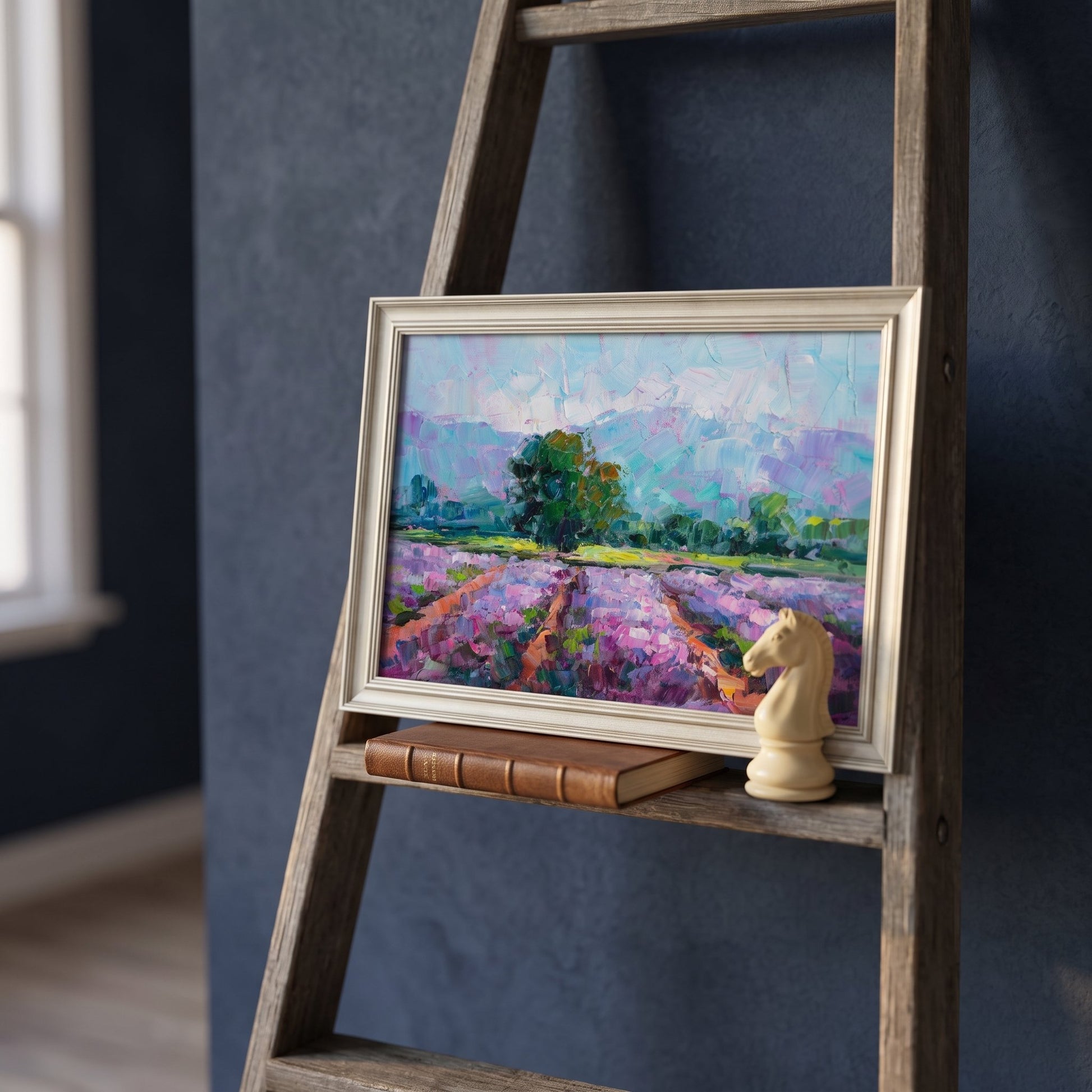 Contemporary study — Impressionist landscape painting adds vibrant color and artistic depth to a minimalist space