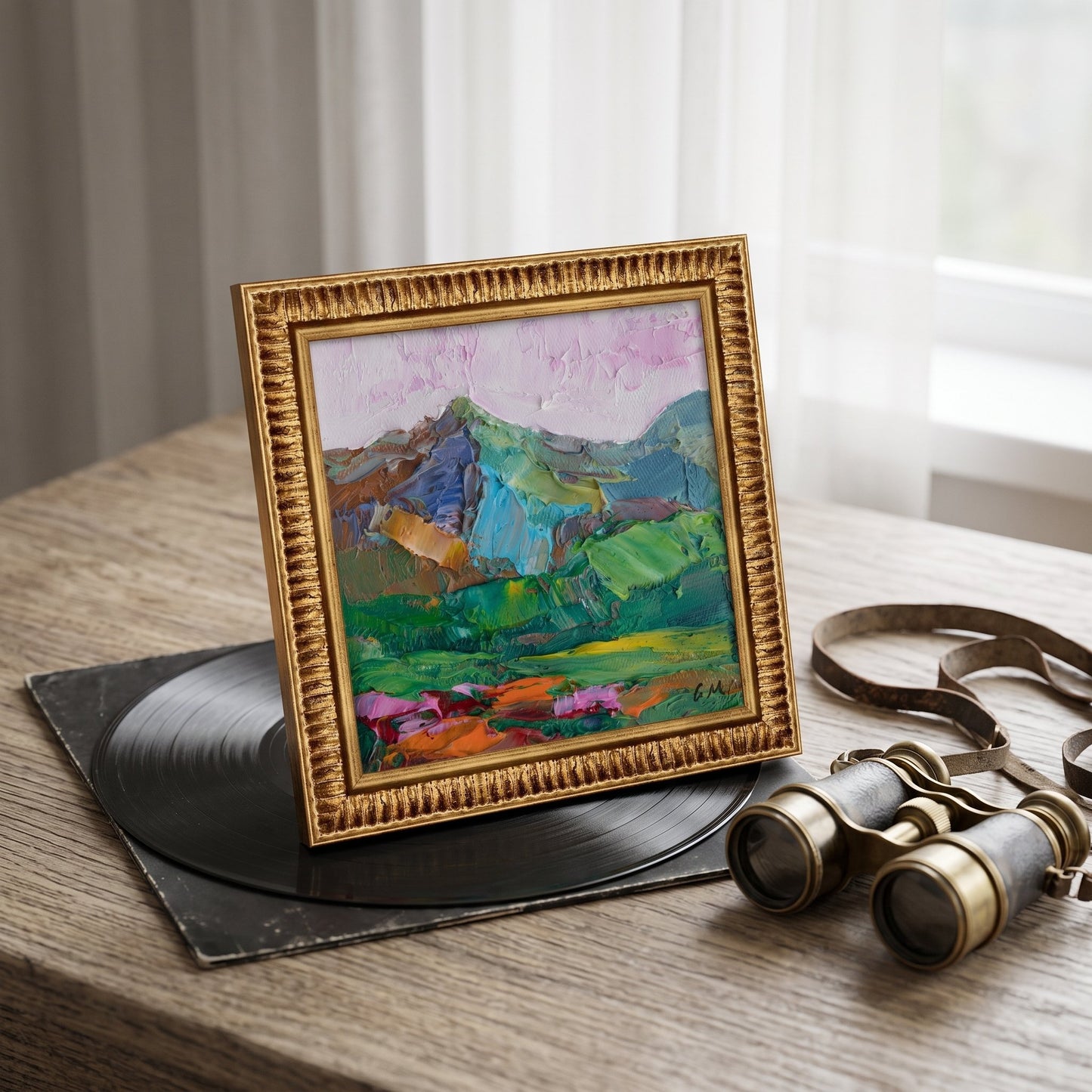 Study, rustic farmhouse — expressive landscape painting adds vibrant color and artistic energy to a vintage-inspired workspace