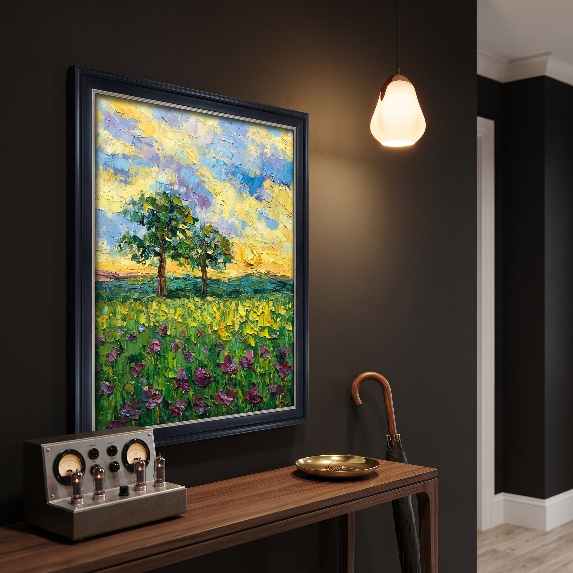 Contemporary entryway — vibrant Impressionist landscape transforms dark walls with warm, textured color and natural light