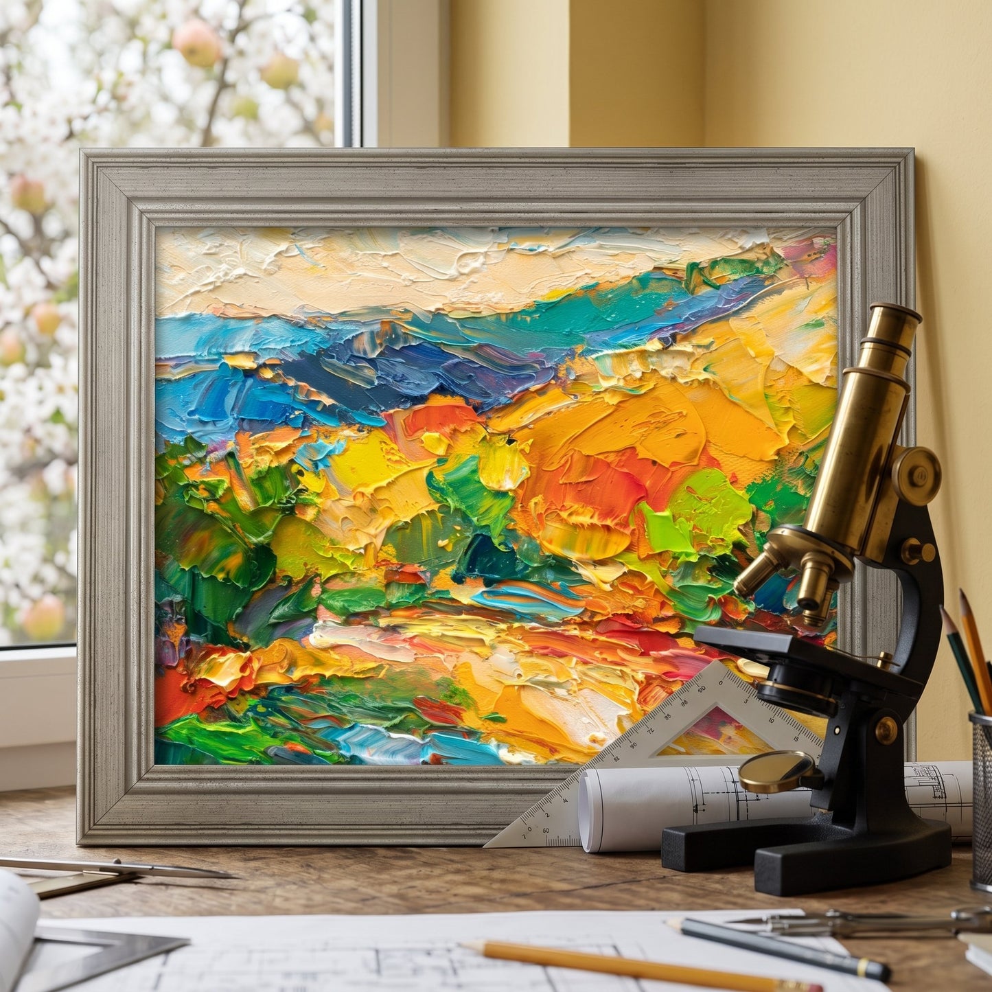 Home study, contemporary minimalist — vibrant abstract landscape painting adds color and energy to a serene workspace