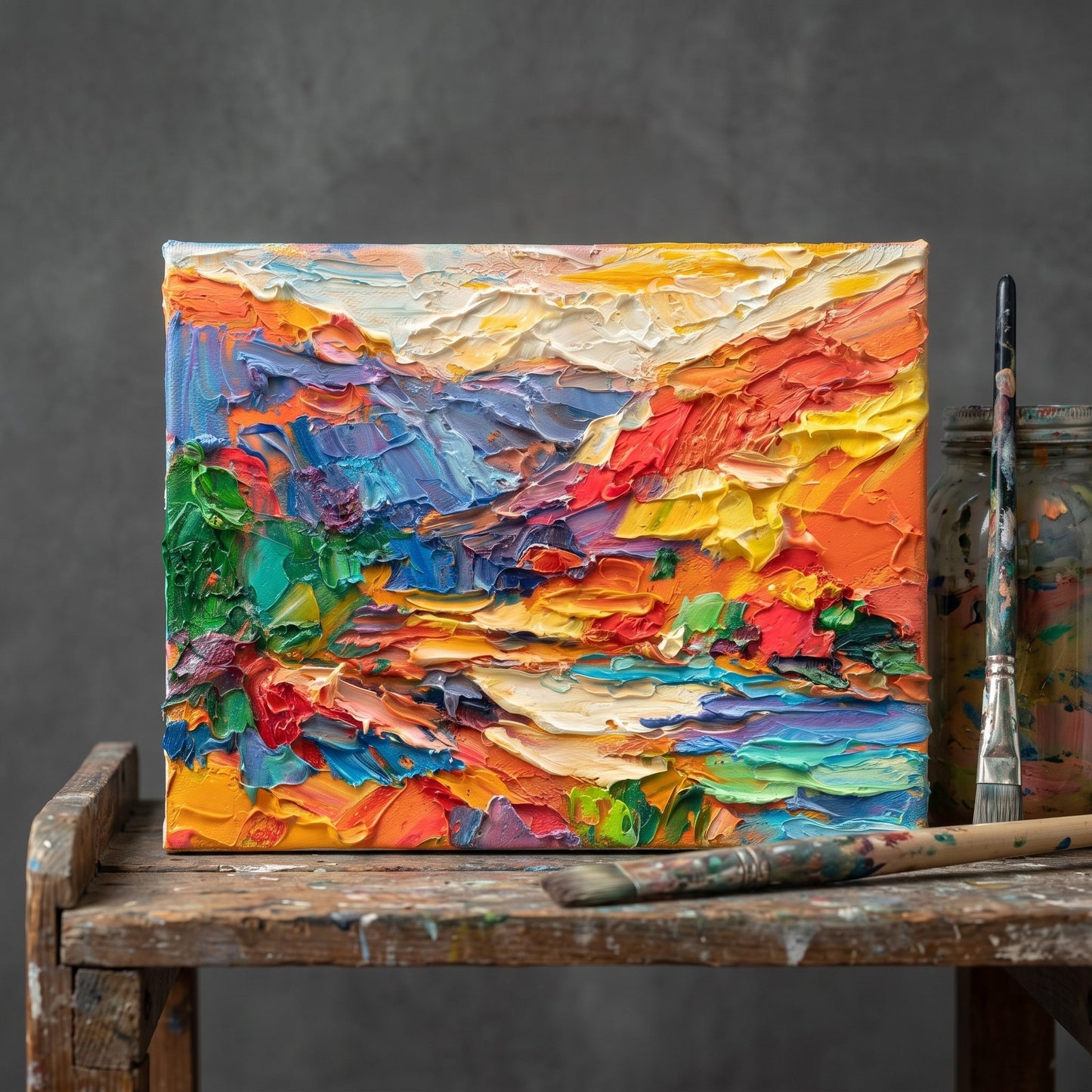 Artist's Studio, Rustic — Vibrant abstract landscape painting energizes the space with bold colors and expressive texture