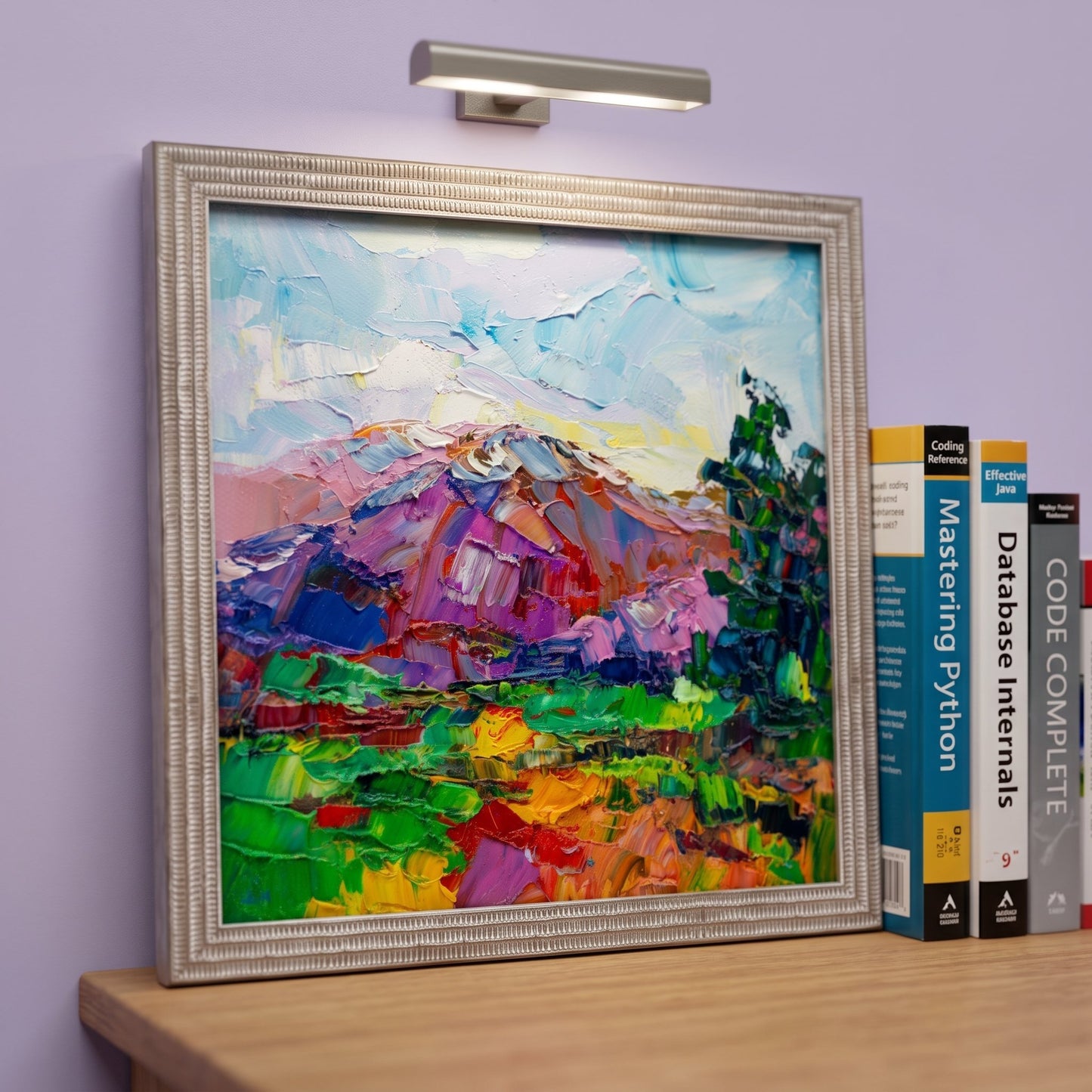 Modern home office — vibrant expressionist landscape transforms minimalist space with bold color and texture