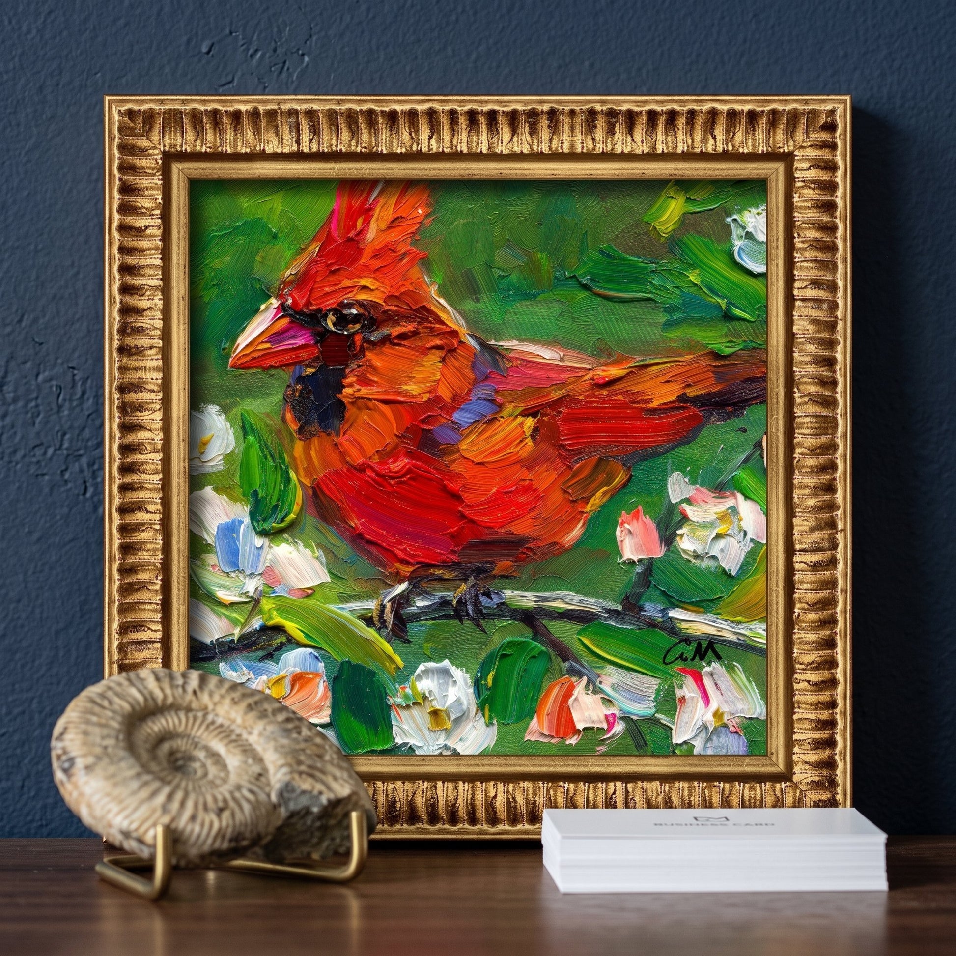Contemporary study — Vibrant cardinal painting adds natural elegance and color contrast to a moody, refined space