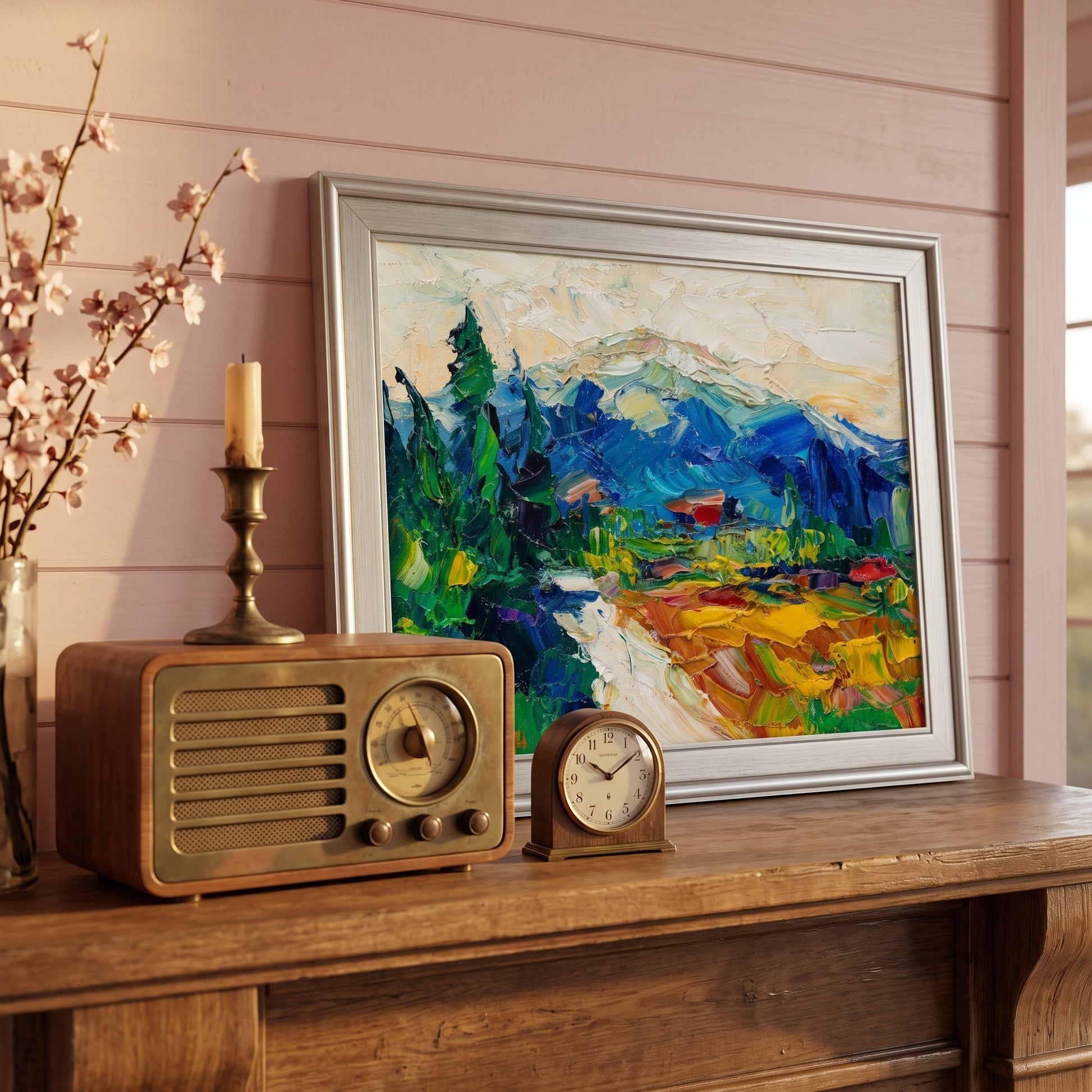 Rustic Farmhouse Entryway — Vibrant expressionist landscape painting transforms the space with bold colors and natural energy