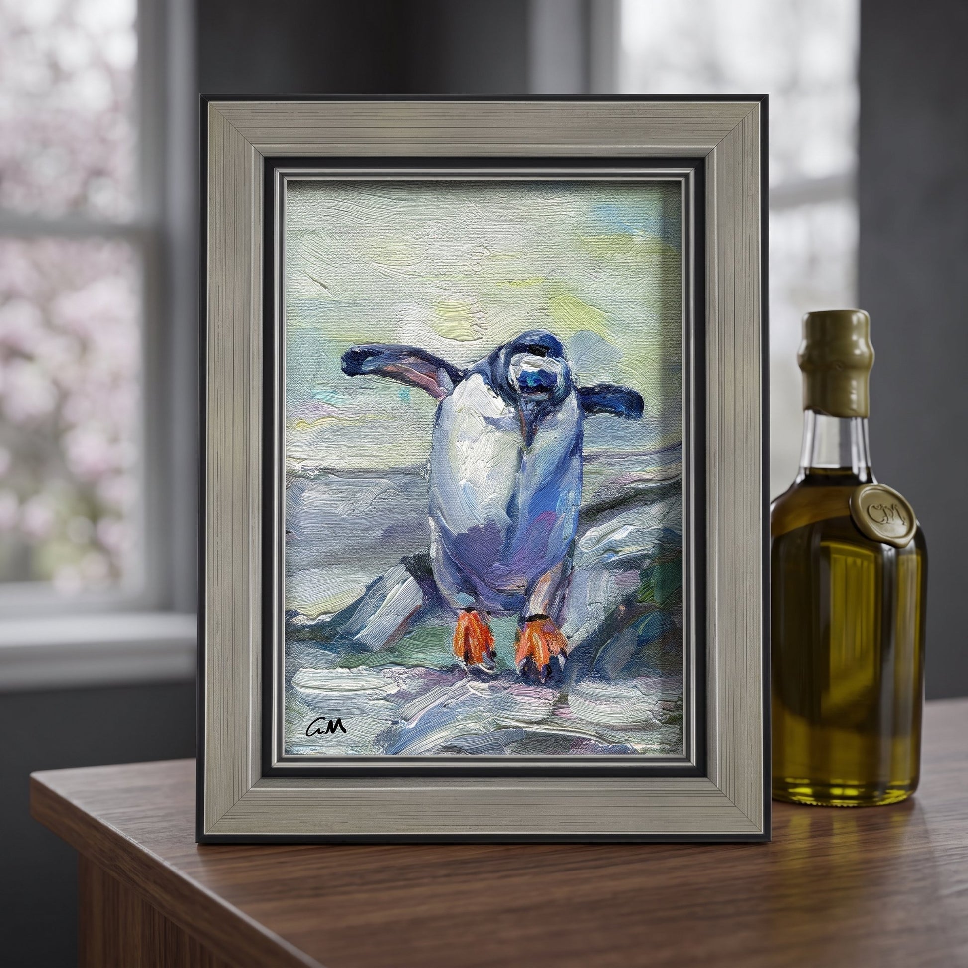 Contemporary living room — playful penguin painting adds whimsy and color to minimalist decor