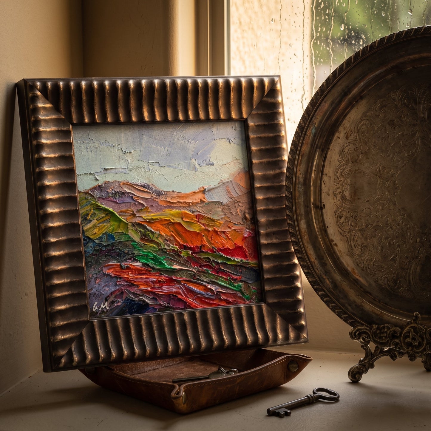 Vintage entryway — expressive landscape painting adds vibrant color and texture to rustic decor