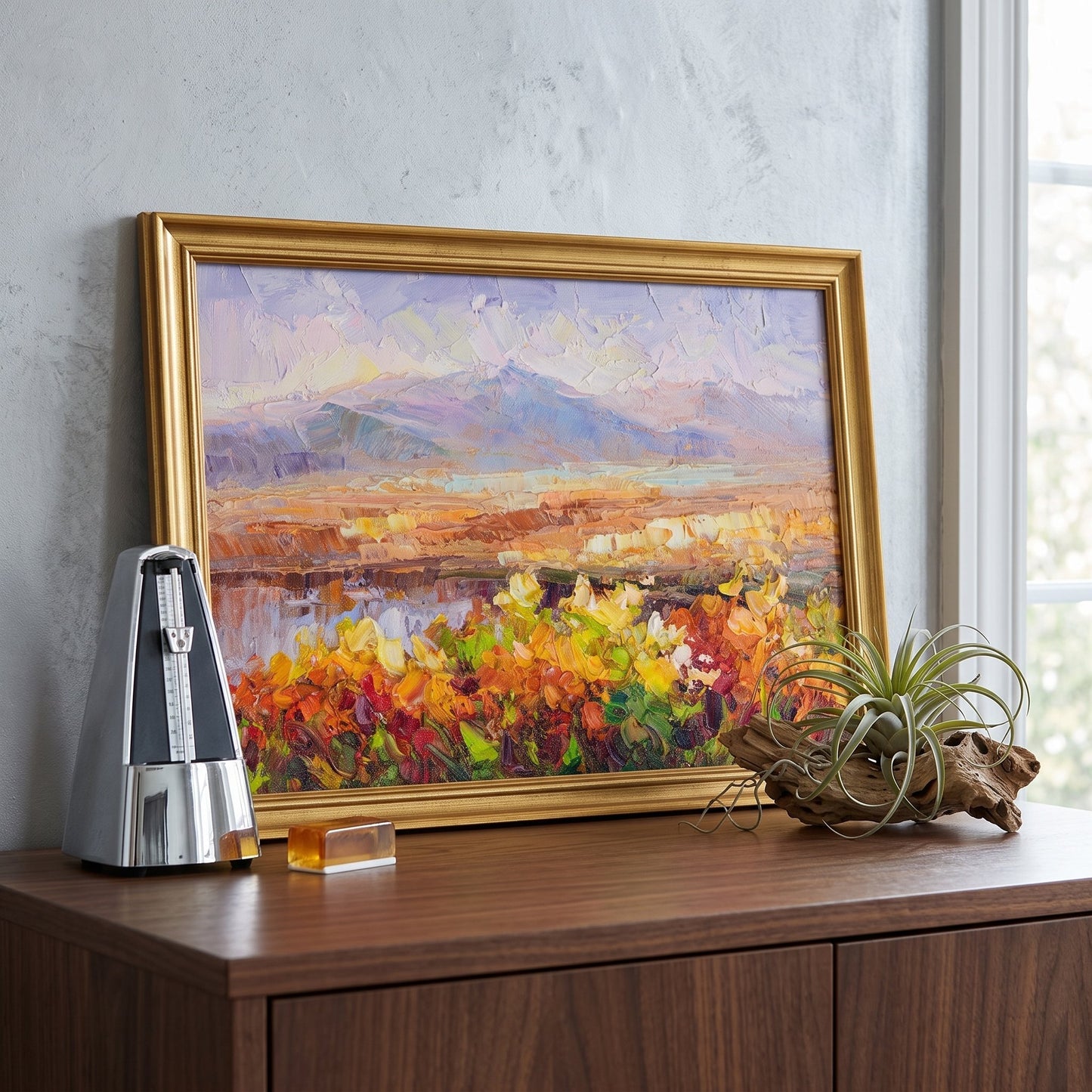 Contemporary living room — Vibrant Impressionist landscape transforms neutral space with warm colors and natural energy