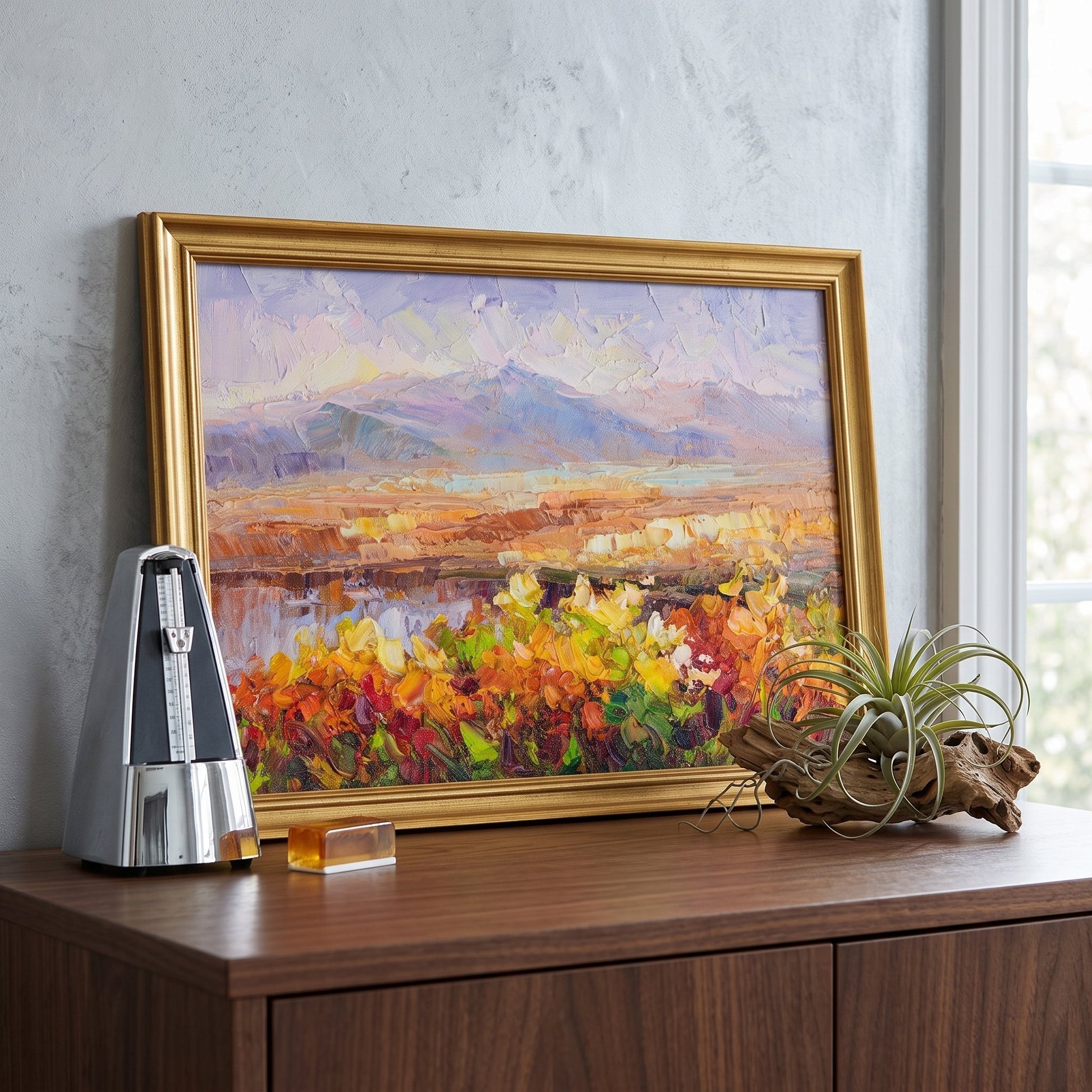 Contemporary living room — Vibrant Impressionist landscape transforms neutral space with warm colors and natural energy