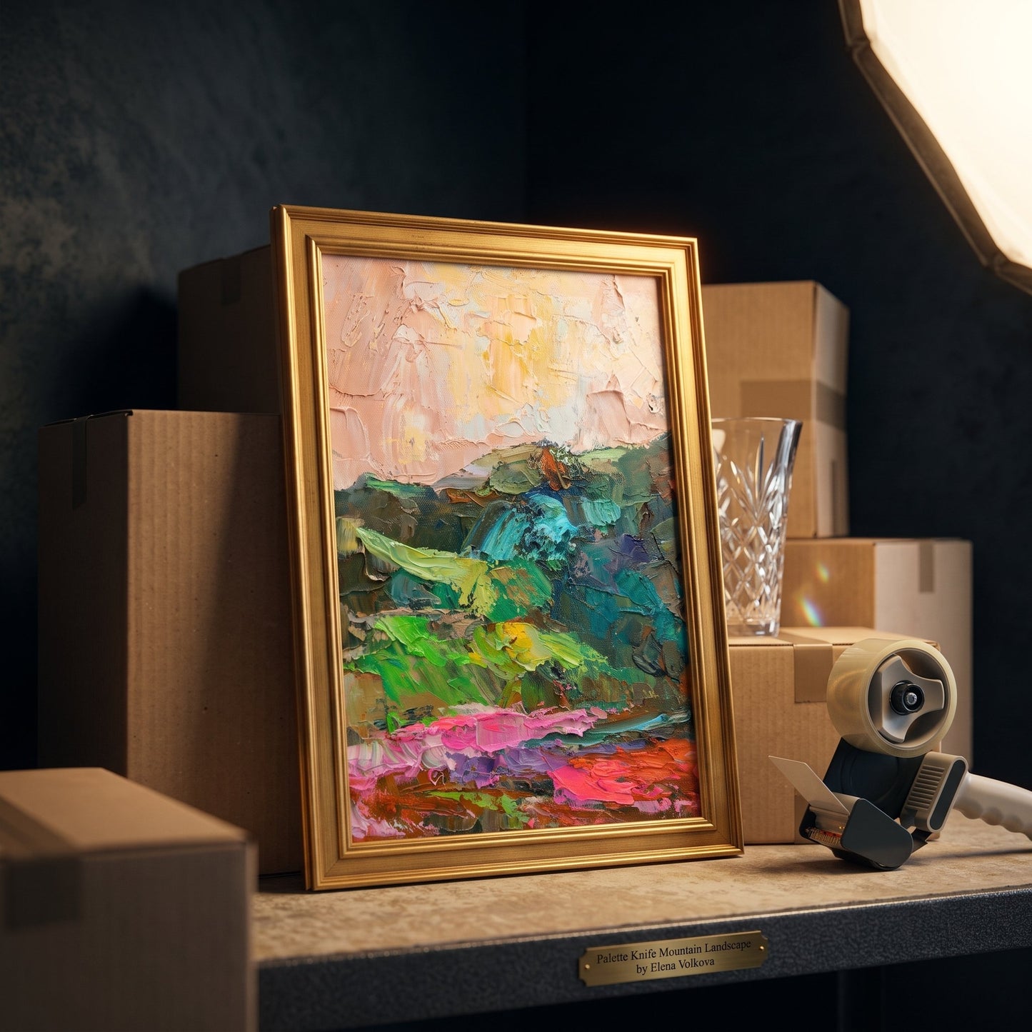 Contemporary study — vibrant expressionist landscape elevates the space with bold color and texture under warm lamplight