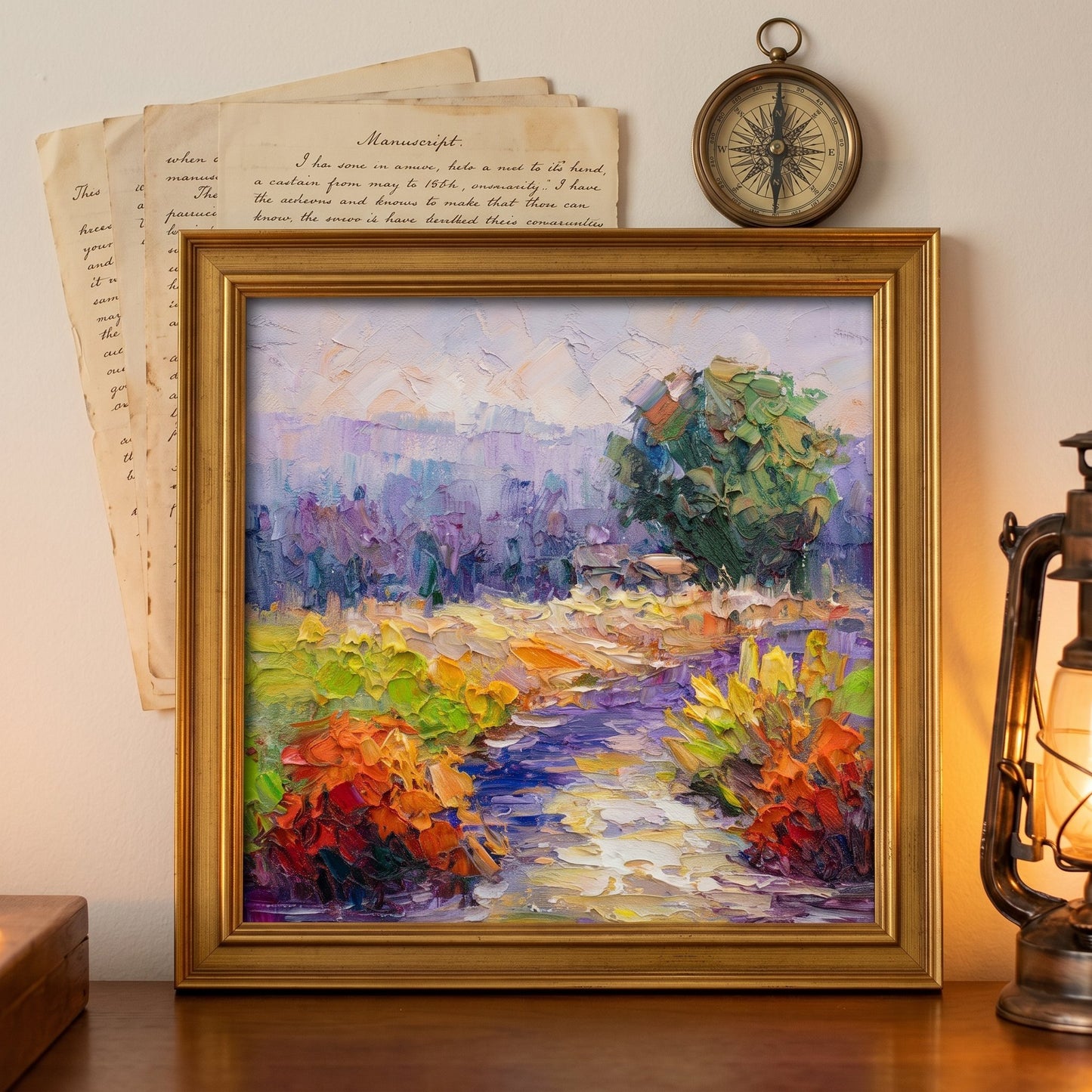 Rustic farmhouse study — Impressionist landscape painting adds warmth and artistic depth with vibrant colors and textured brushwork