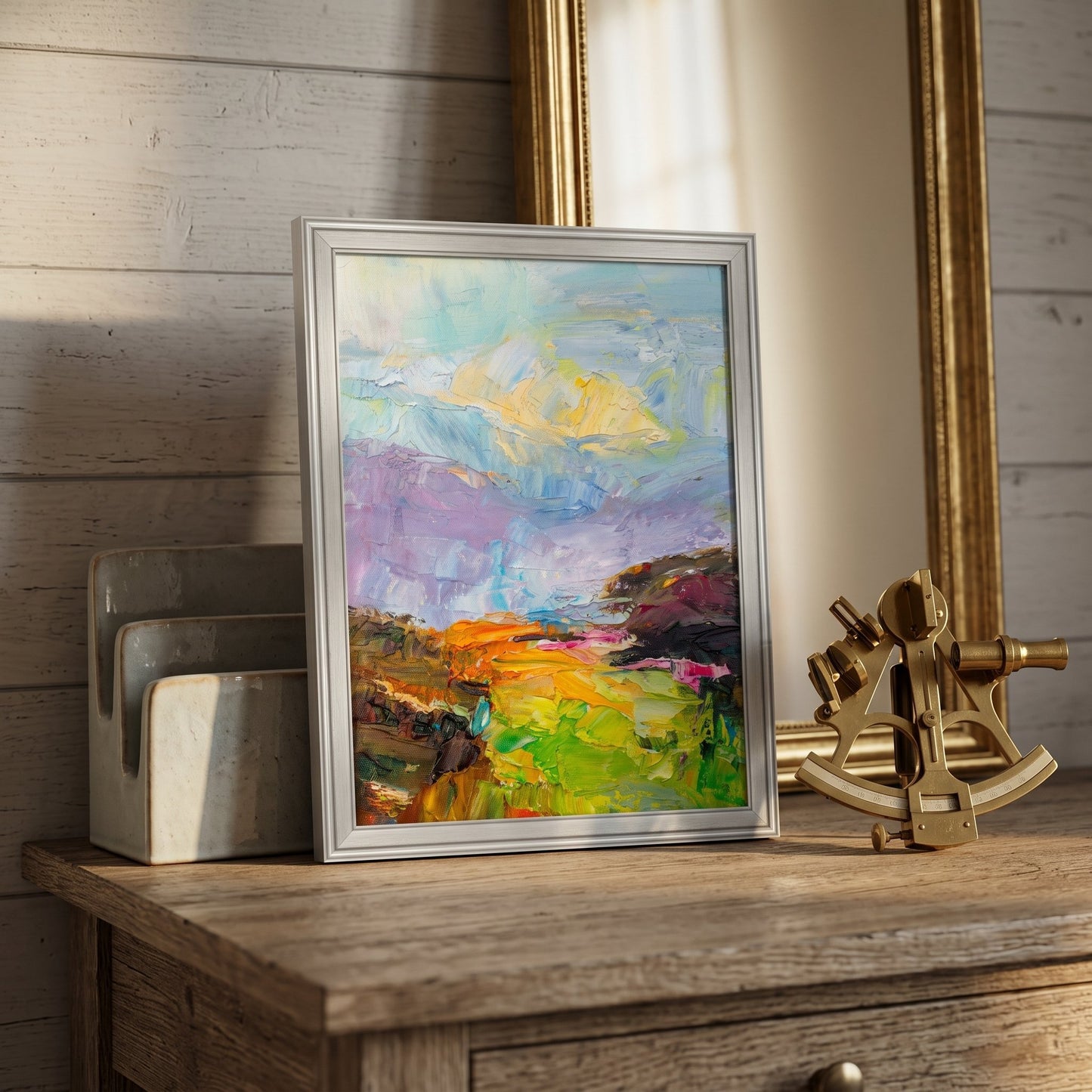 Rustic Farmhouse Study — Vibrant abstract landscape painting adds color and artistic depth to a warm, wood-accented workspace