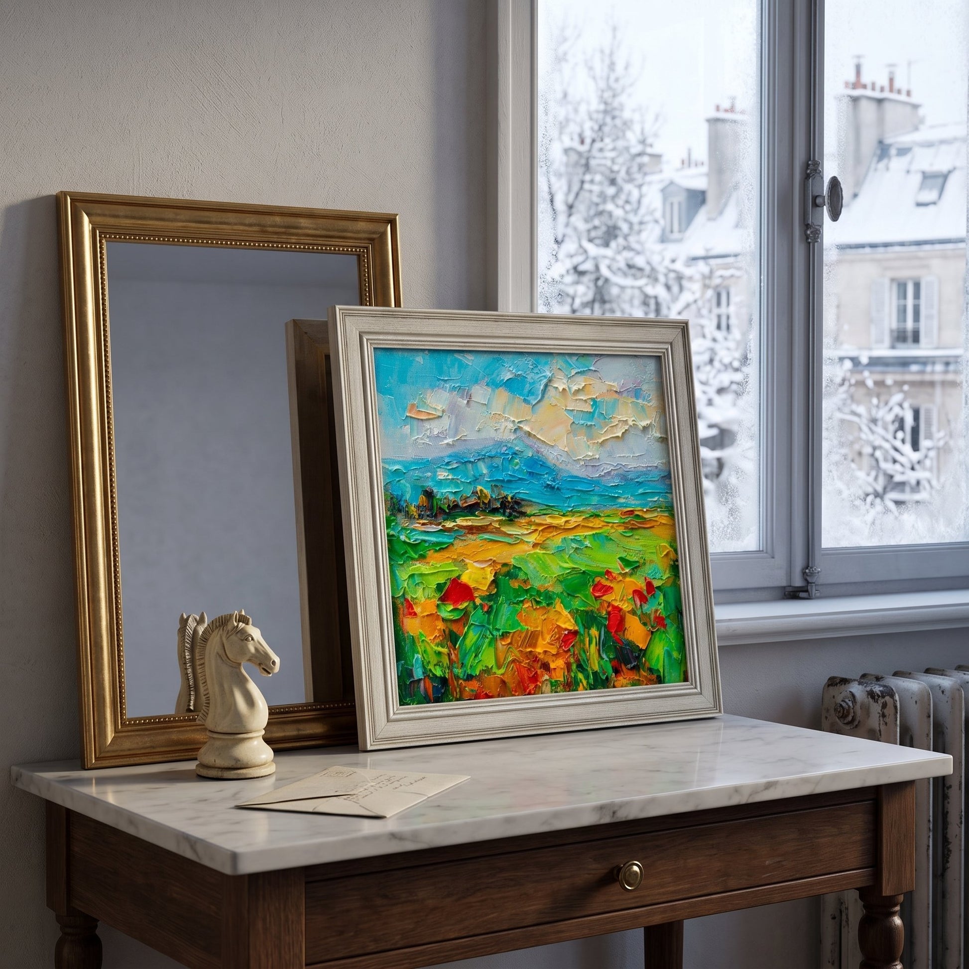 Parisian study, classic French decor — vibrant Impressionist landscape adds warmth and artistic energy to the space