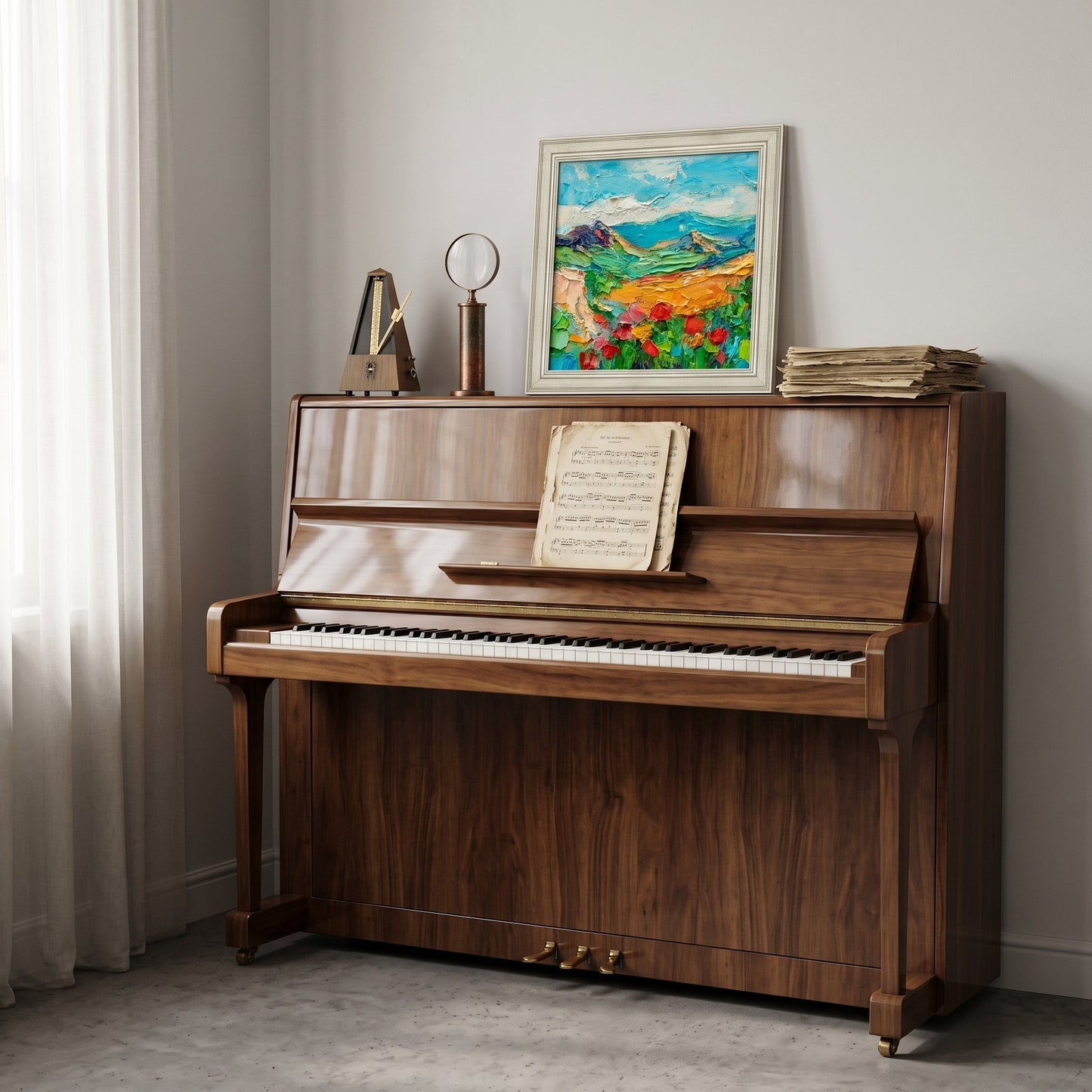 Minimalist living room — vibrant Impressionist landscape painting transforms neutral space with bold color and texture