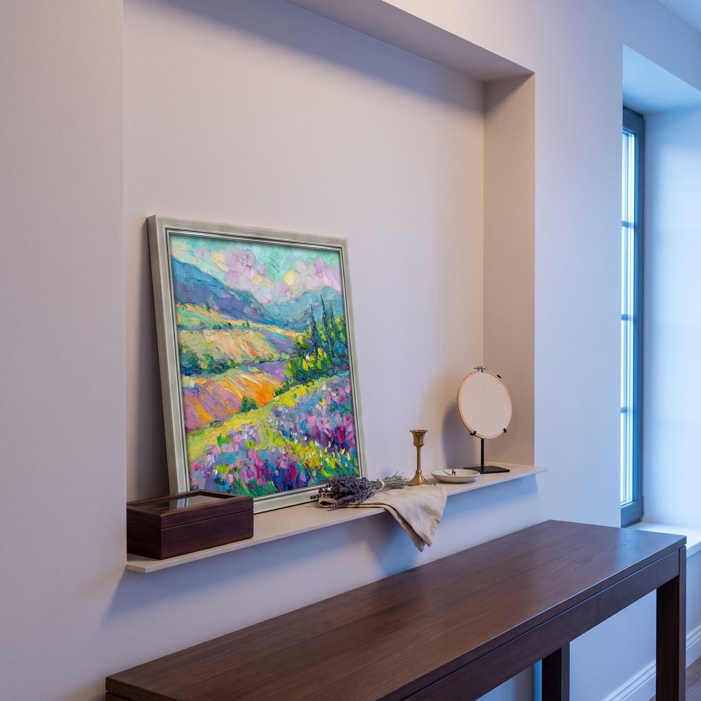 Contemporary entryway — vibrant impressionist landscape elevates minimalist space with color and texture
