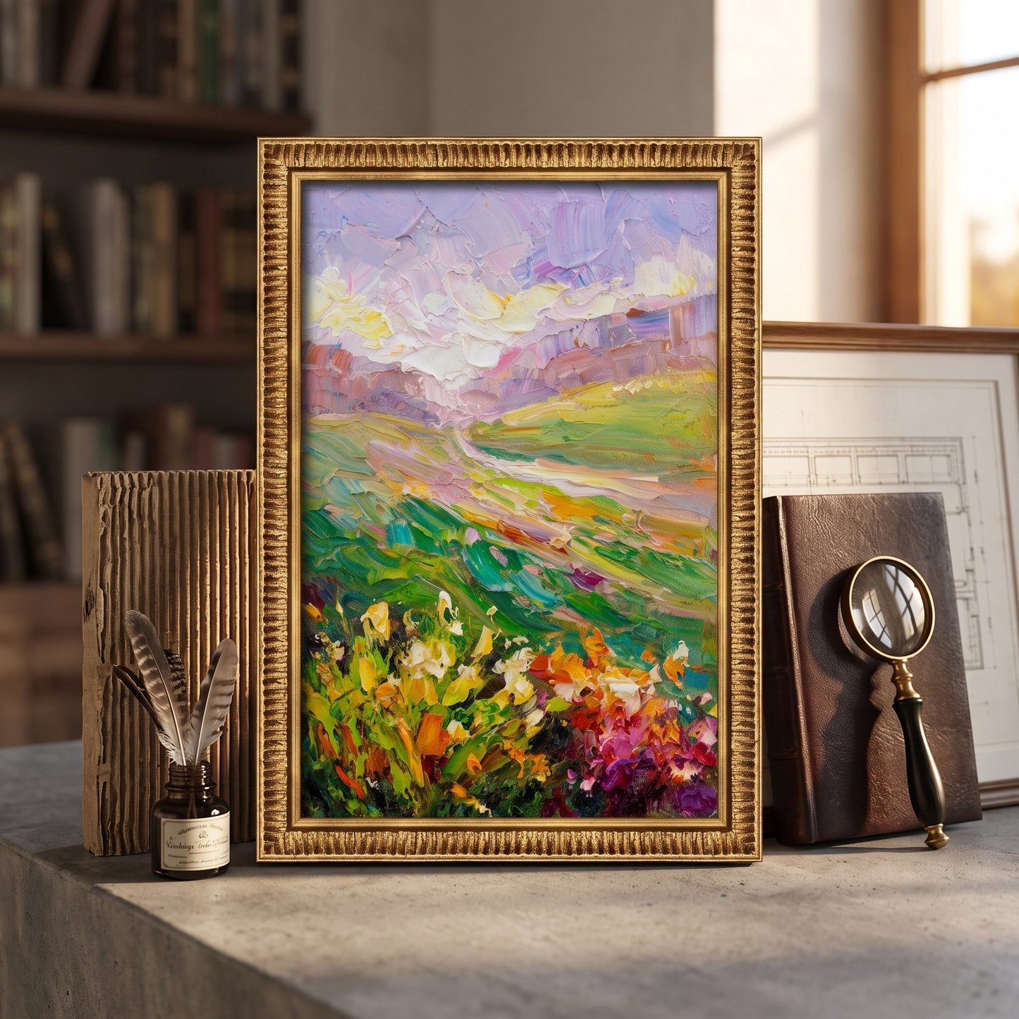 RusticFarmhouseStudy — VibrantImpressionistLandscapeElevatesScholarlyAmbiance