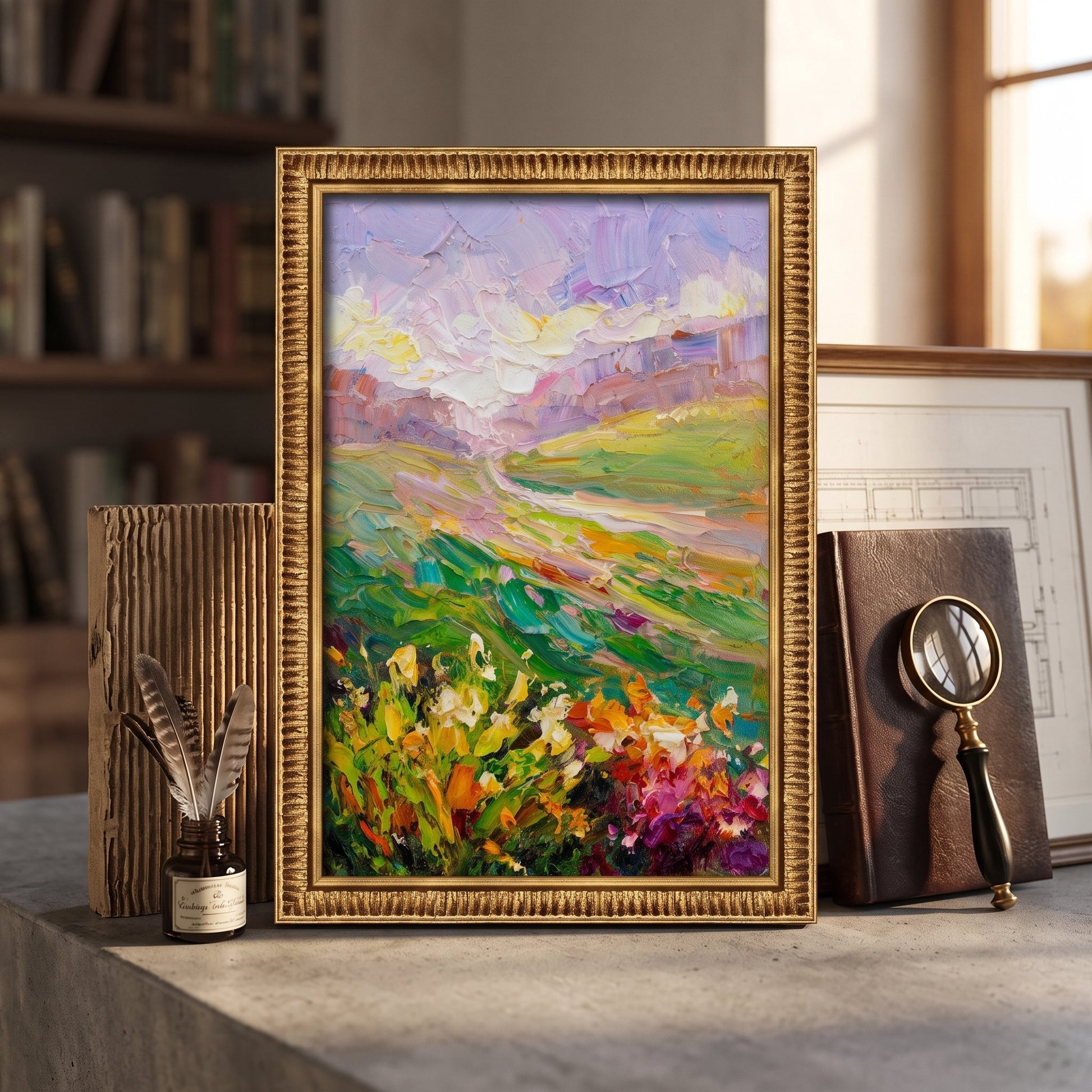 RusticFarmhouseStudy — VibrantImpressionistLandscapeElevatesScholarlyAmbiance
