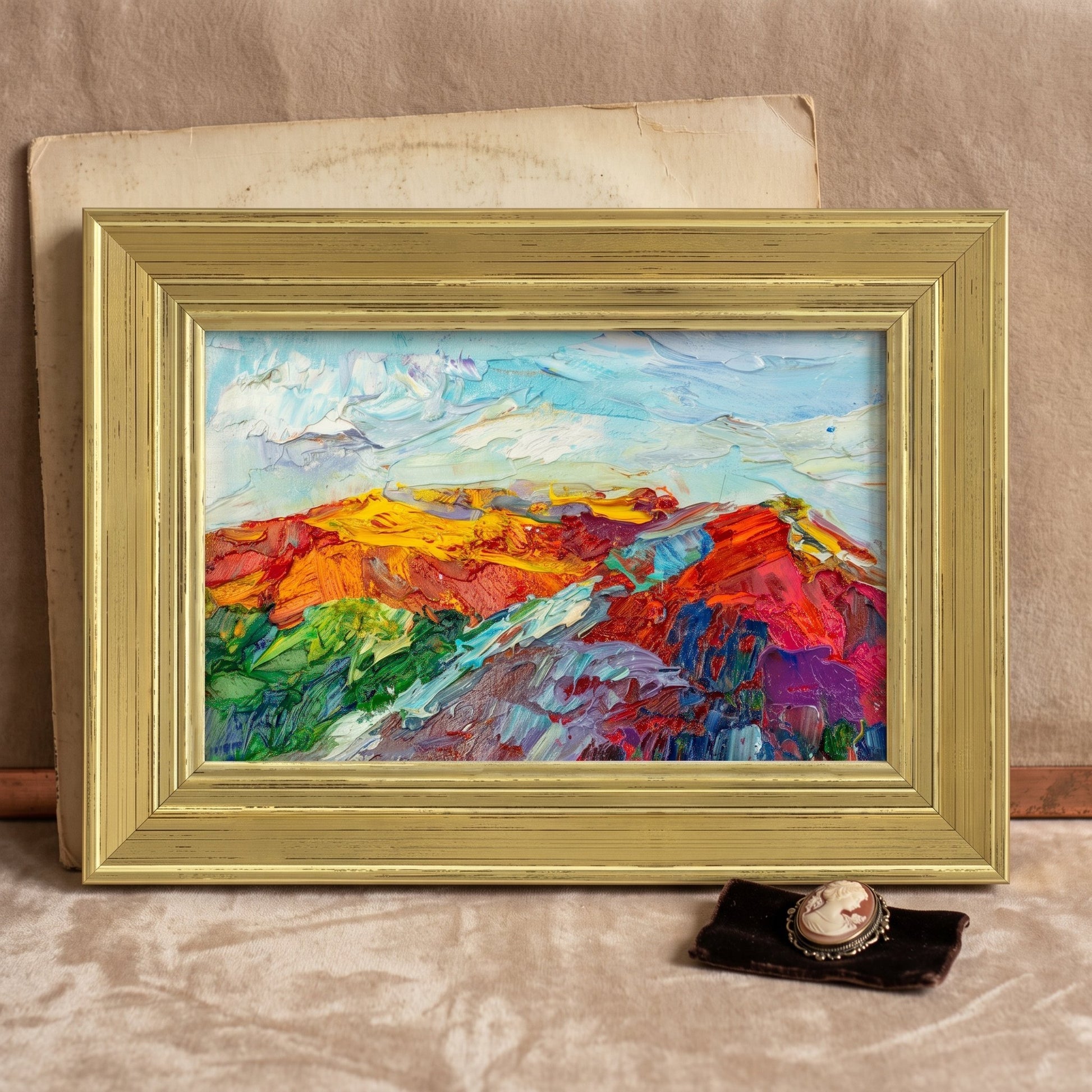 Rustic Farmhouse Living Room — Vibrant expressionist landscape painting adds bold color and emotional depth to a warm, earth-toned space