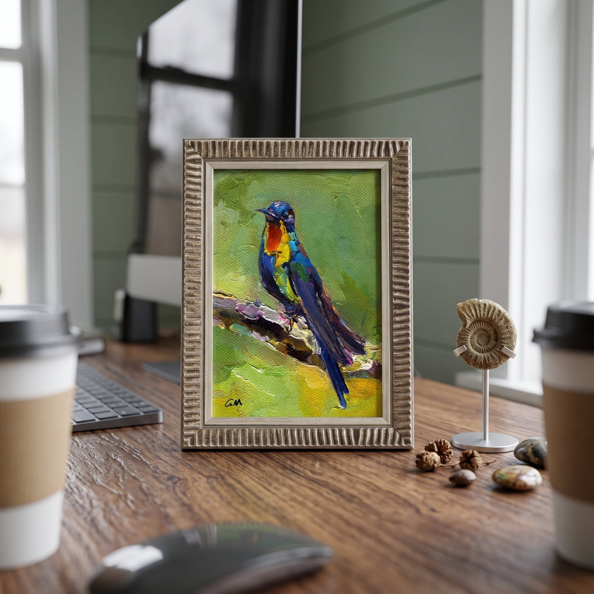 Home office, rustic farmhouse — vibrant expressionist bird painting adds color and life to the workspace