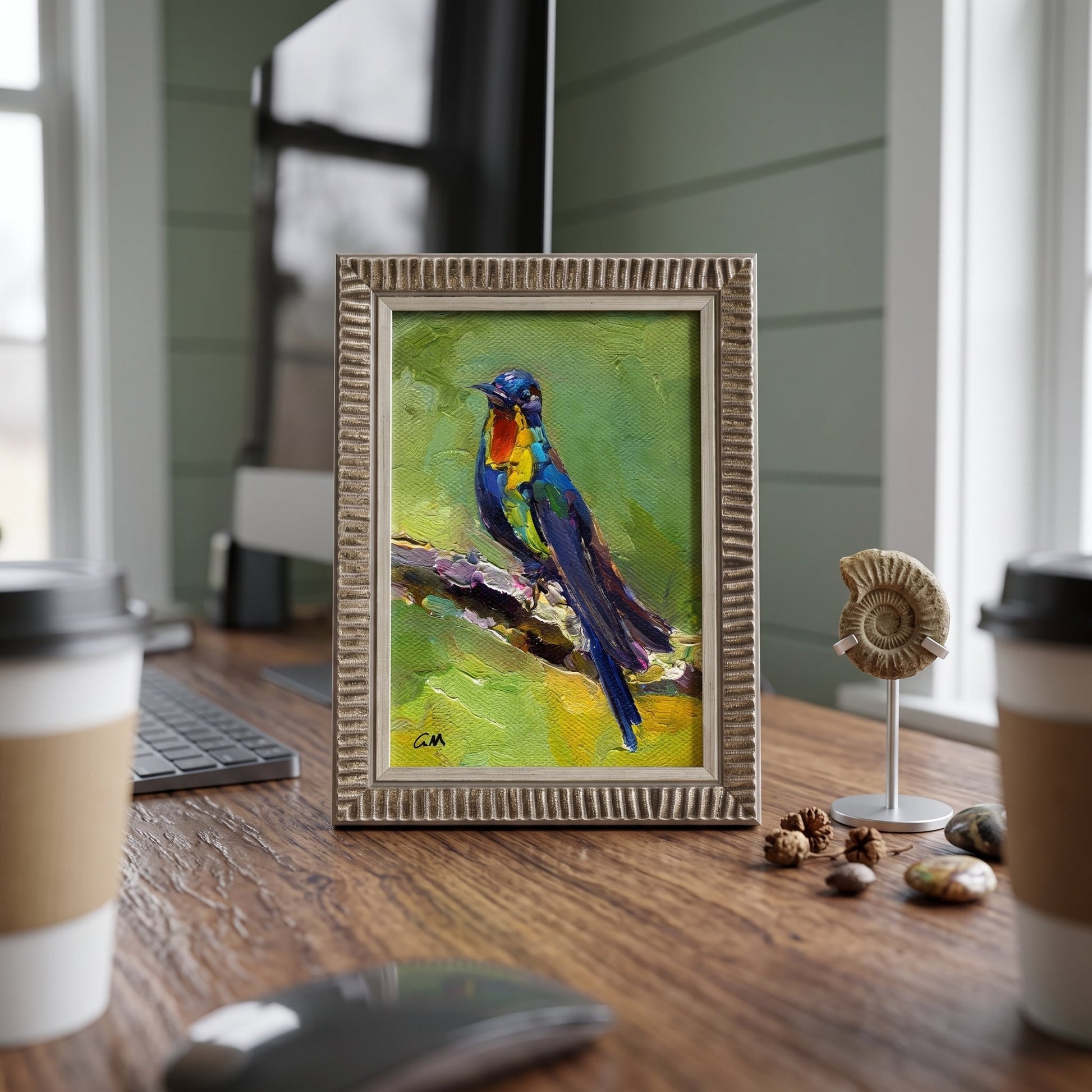 Home office, rustic farmhouse — vibrant expressionist bird painting adds color and life to the workspace