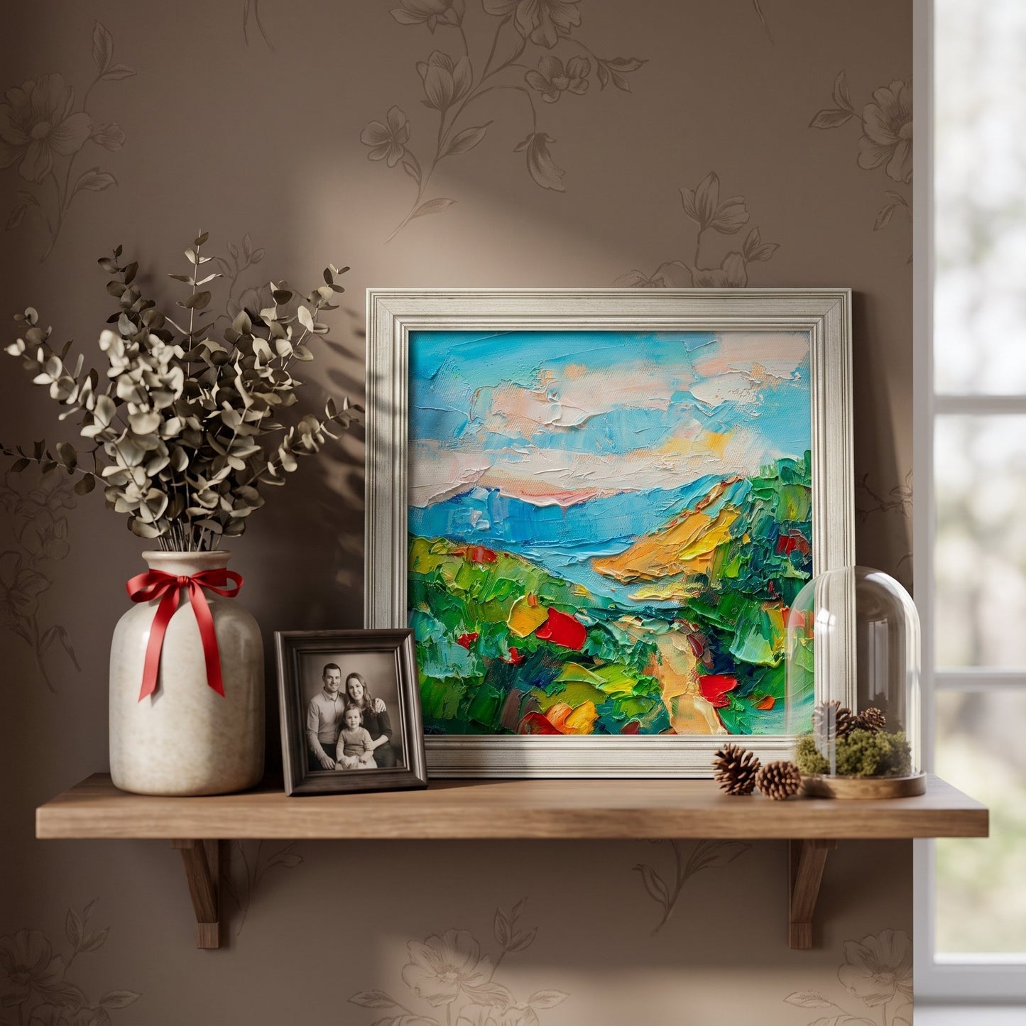 RusticFarmhouseLivingRoom — VibrantImpressionistLandscapeAddsColorAndLifeToWarmNaturalDecor