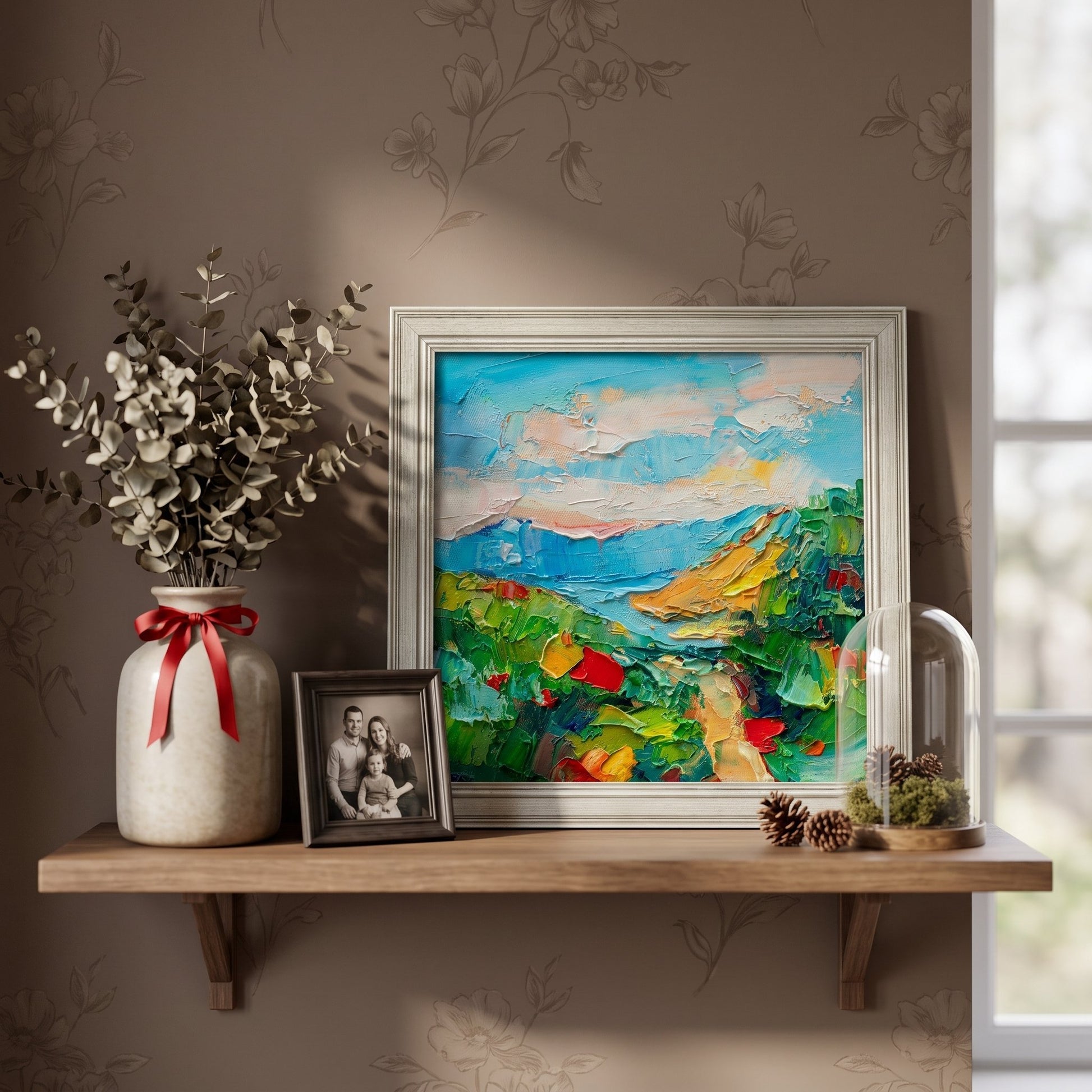 RusticFarmhouseLivingRoom — VibrantImpressionistLandscapeAddsColorAndLifeToWarmNaturalDecor