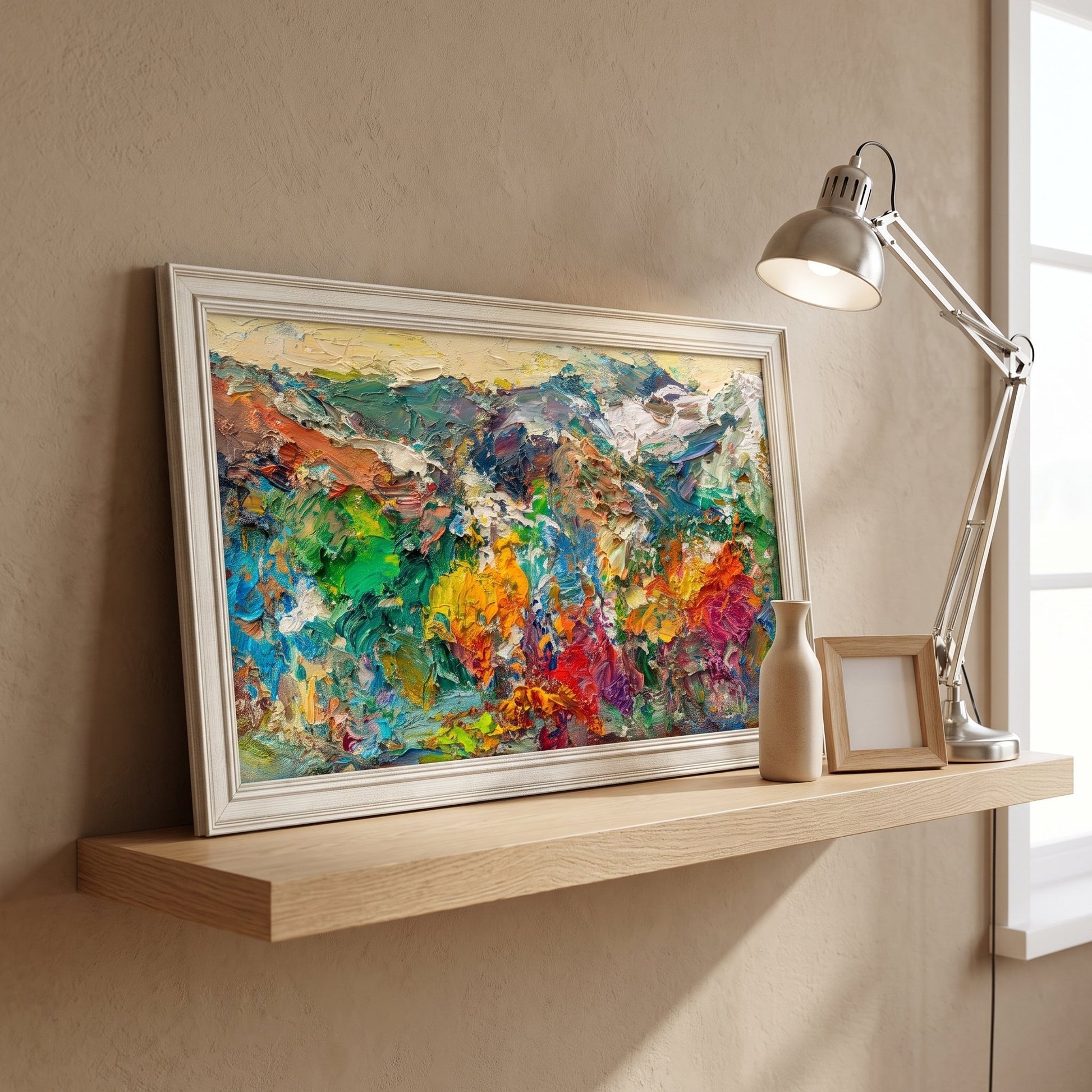 Minimalist home office — vibrant expressionist landscape painting adds color and energy to a serene workspace