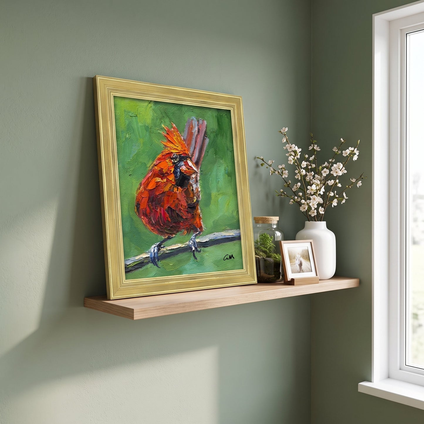 Contemporary living room — Vibrant cardinal painting adds color and life to minimalist space