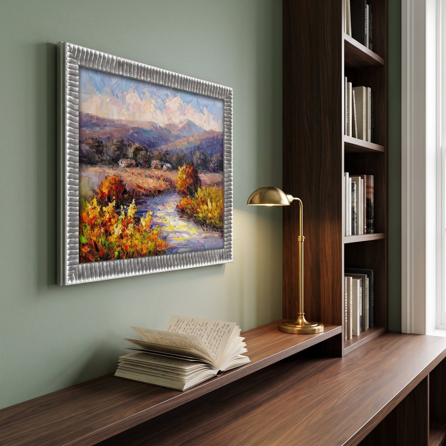 Contemporary home study — Impressionist landscape painting adds warmth and tranquility to the space