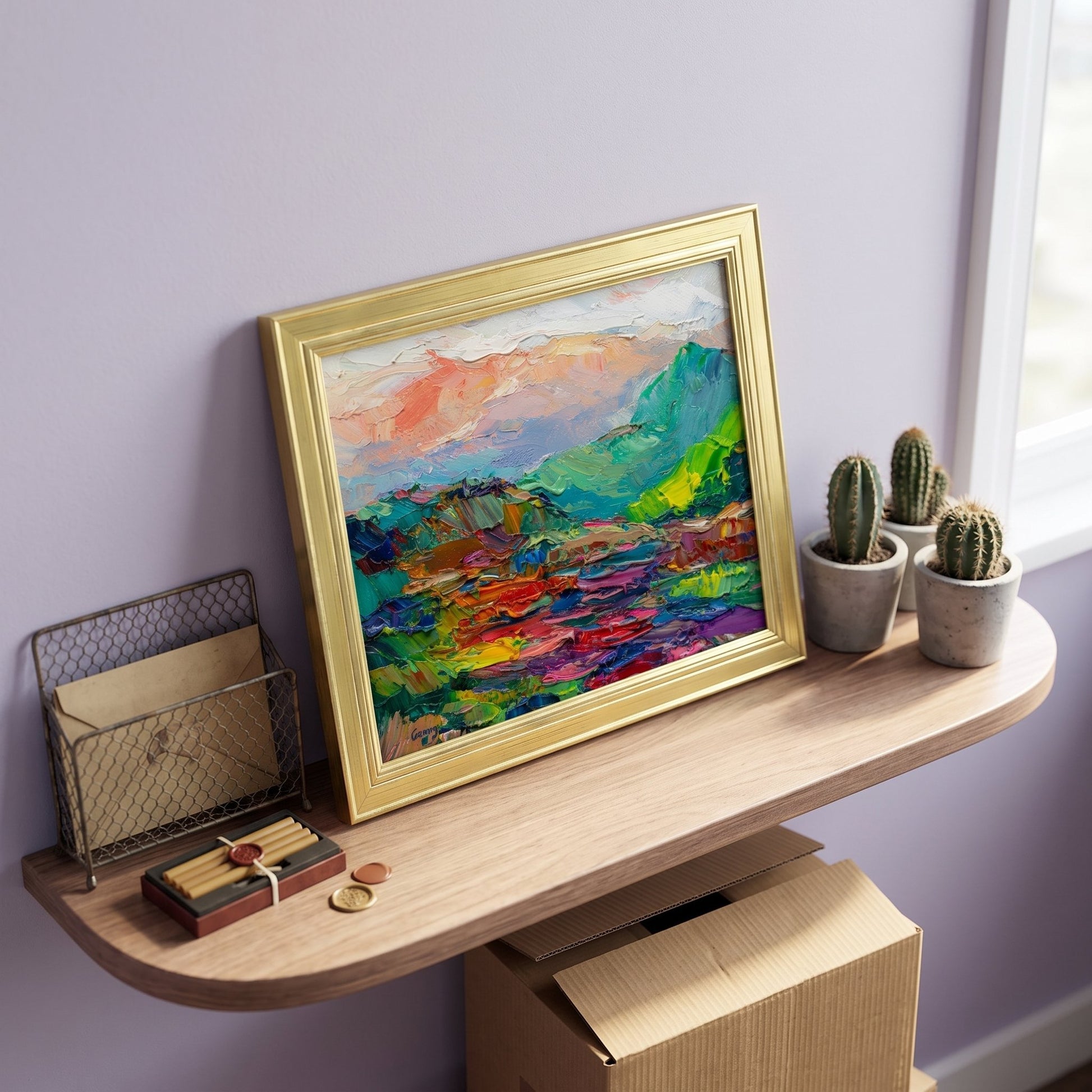 Minimalist entryway — Vibrant Expressionist landscape painting adds bold color and artistic energy to a serene, light-filled space