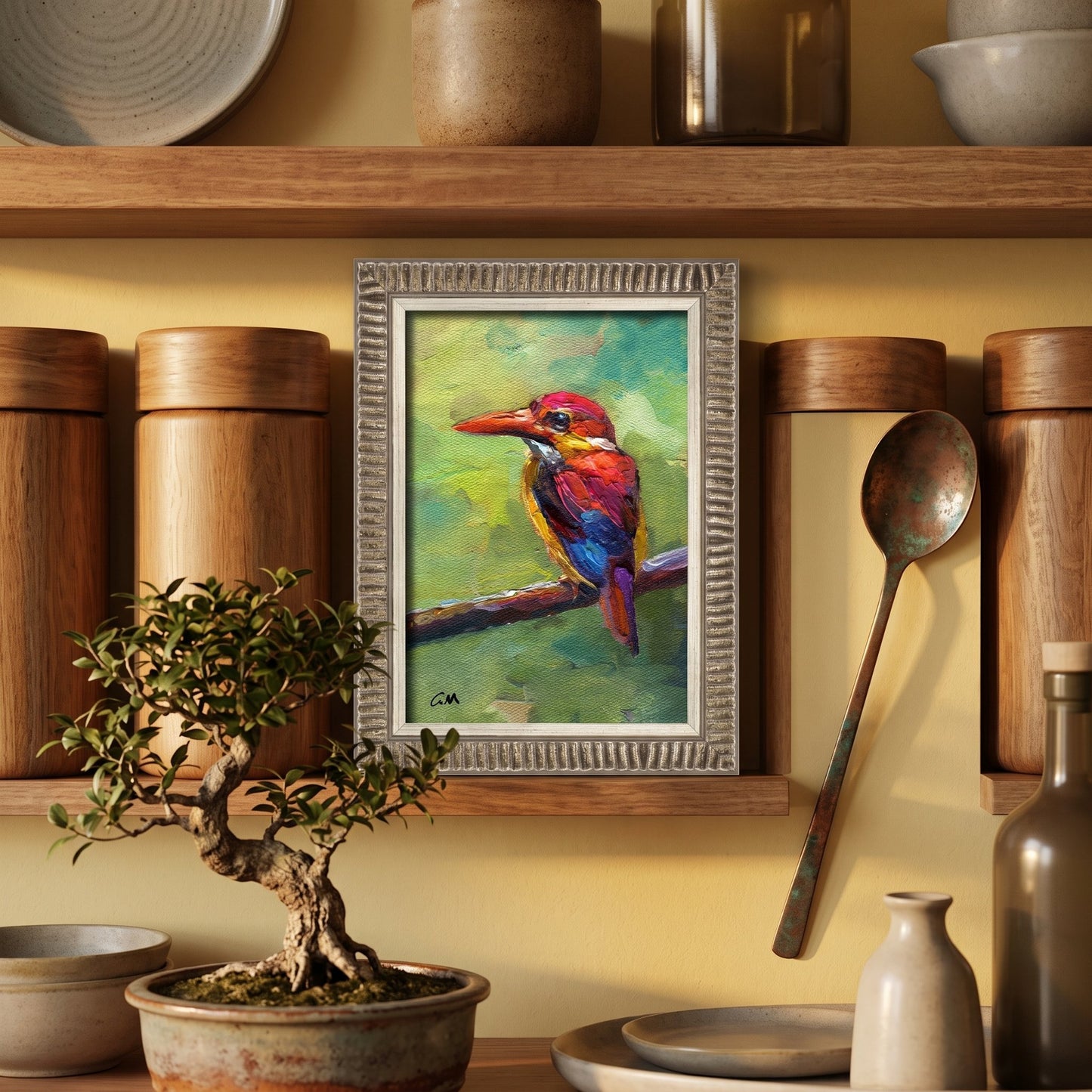 RusticFarmhouseKitchen — VibrantImpressionistBirdArtTransformsSpaceWithColorAndNature