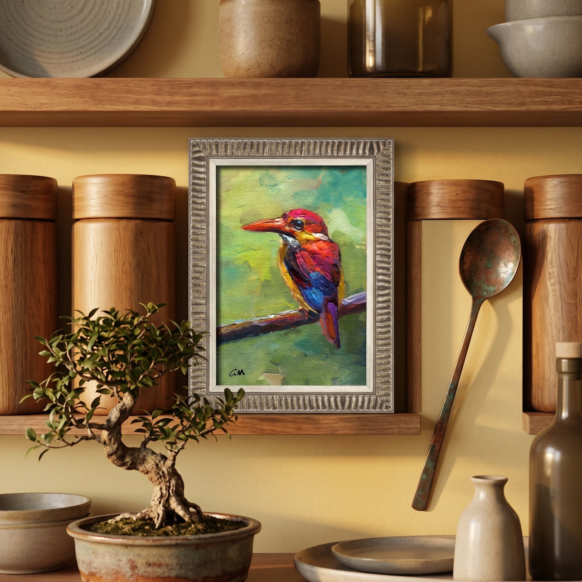 RusticFarmhouseKitchen — VibrantImpressionistBirdArtTransformsSpaceWithColorAndNature