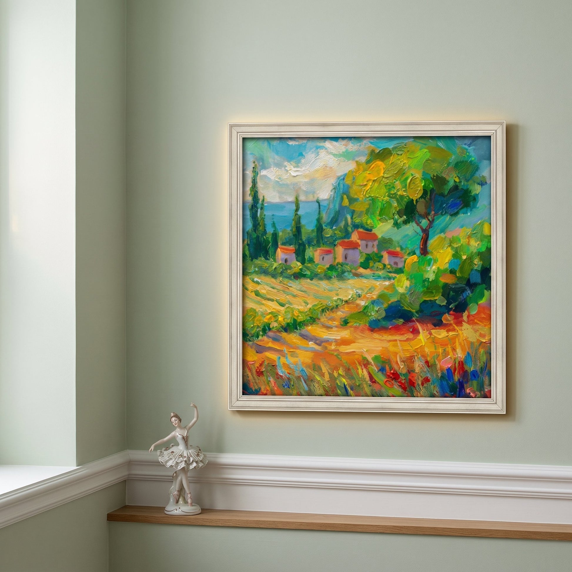 Contemporary living room — vibrant Impressionist landscape painting elevates the space with color and texture