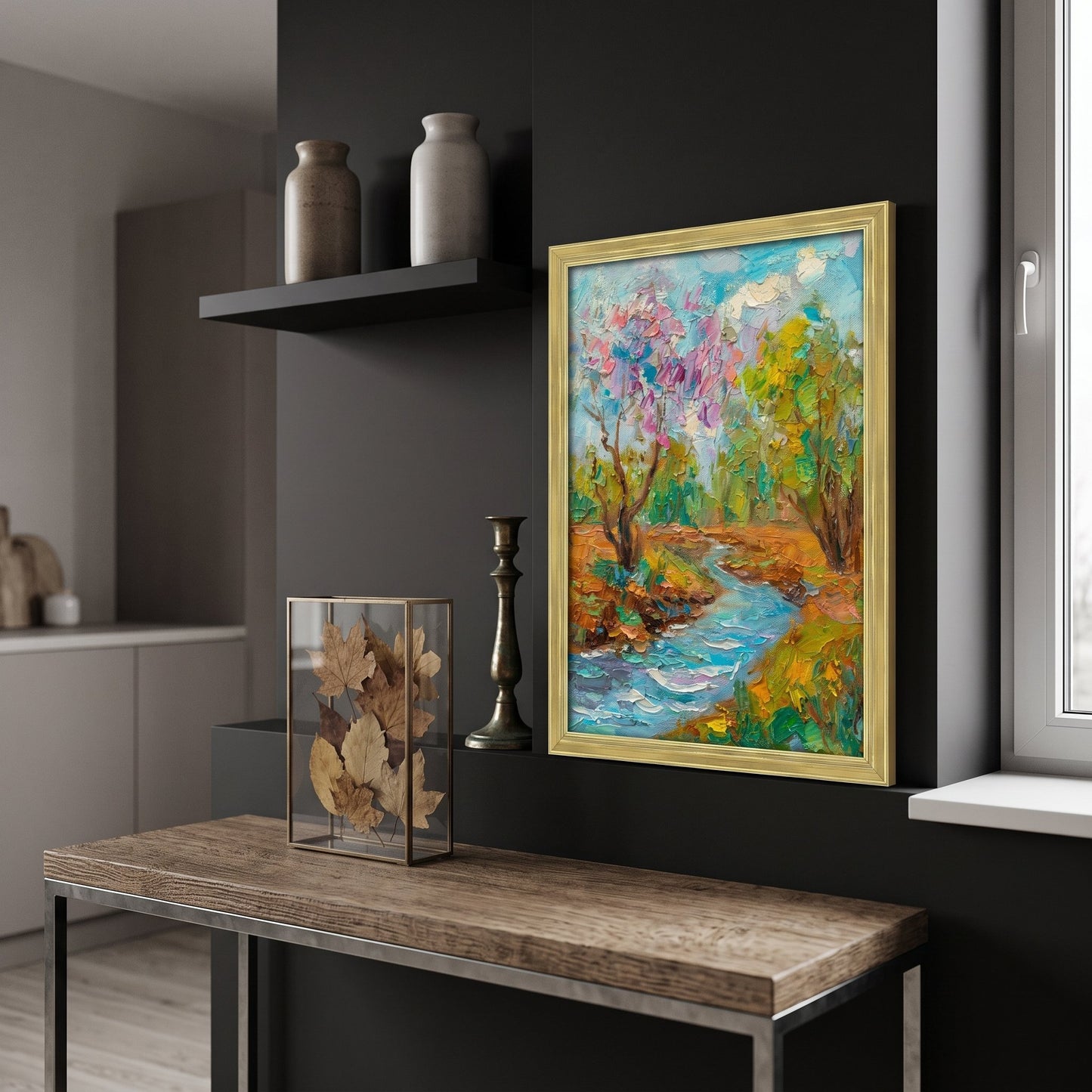 Contemporary entryway — vibrant Impressionist landscape painting adds color and serenity to minimalist space