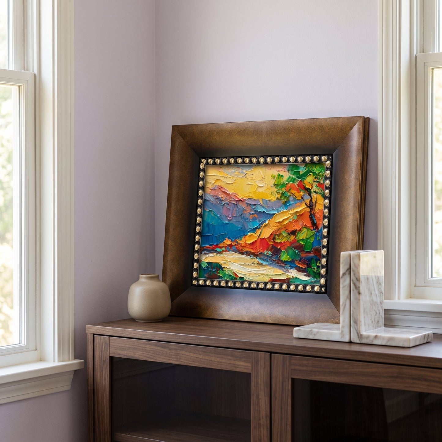 Contemporary entryway — vibrant Expressionist landscape painting adds bold color and texture as a striking focal point