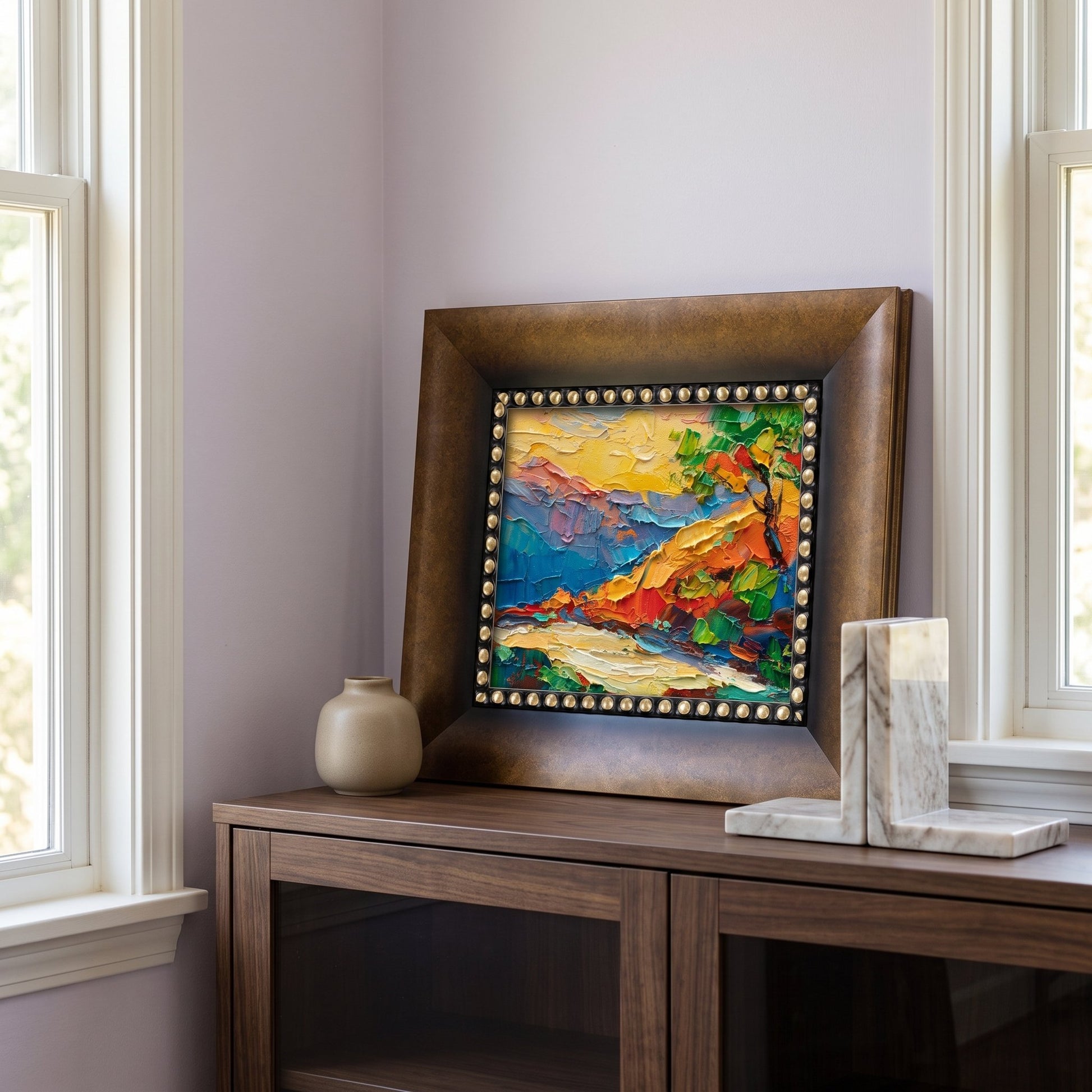 Contemporary entryway — vibrant Expressionist landscape painting adds bold color and texture as a striking focal point
