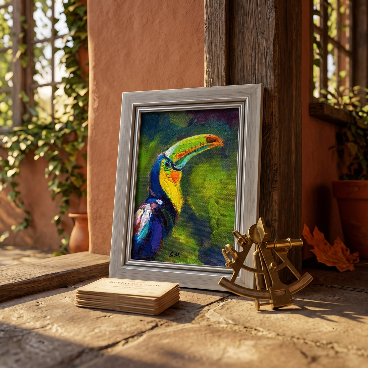 Mediterranean entryway — vibrant expressionist toucan painting adds tropical flair and color to rustic stone and wood decor