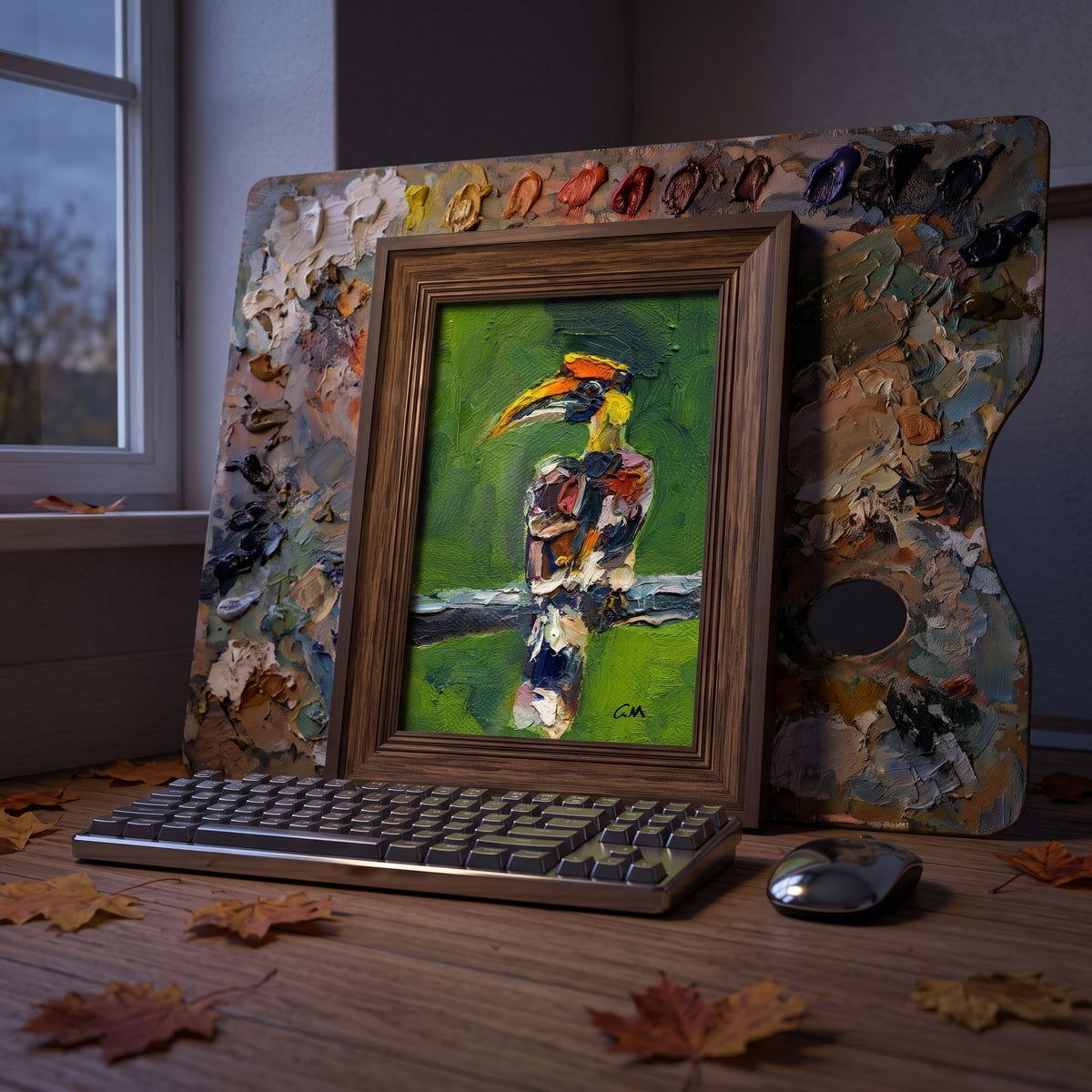 Home studio, rustic farmhouse — expressive bird painting adds vibrant artistry and warmth to the creative workspace