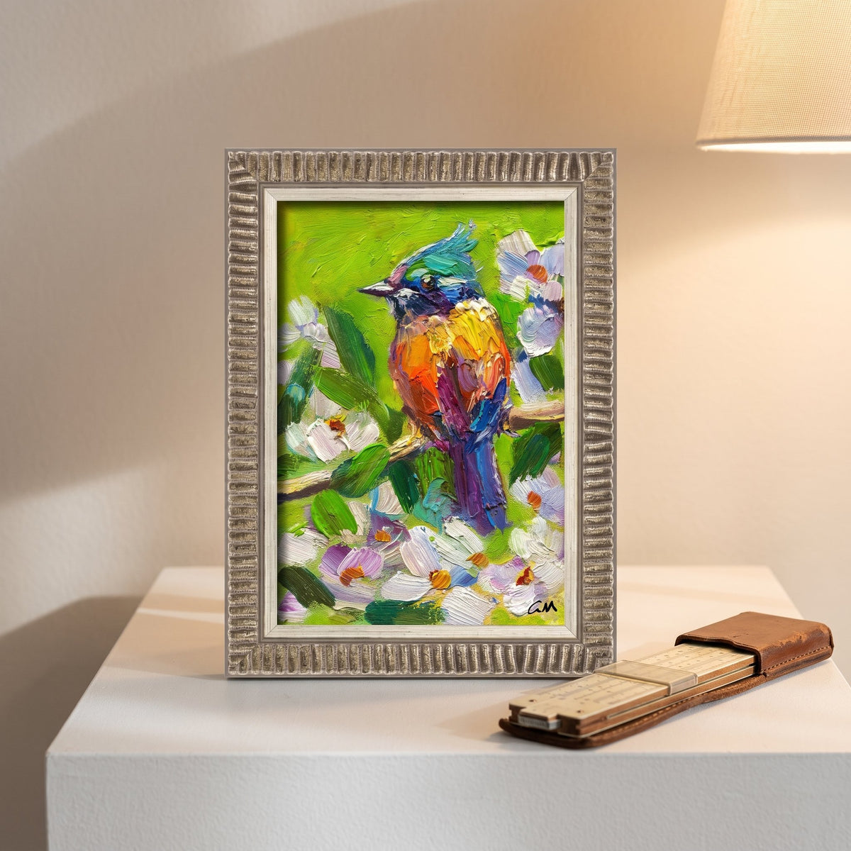 Contemporary living room — Vibrant expressionist bird painting adds color and life to minimalist decor