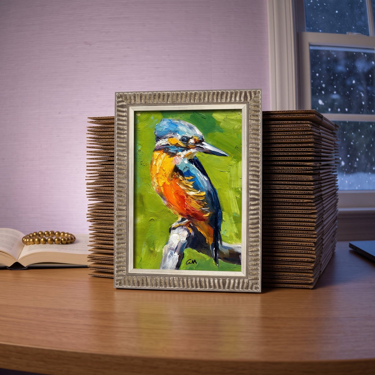 Home office, Scandinavian decor — Vibrant kingfisher painting adds color and nature-inspired energy to a minimalist workspace