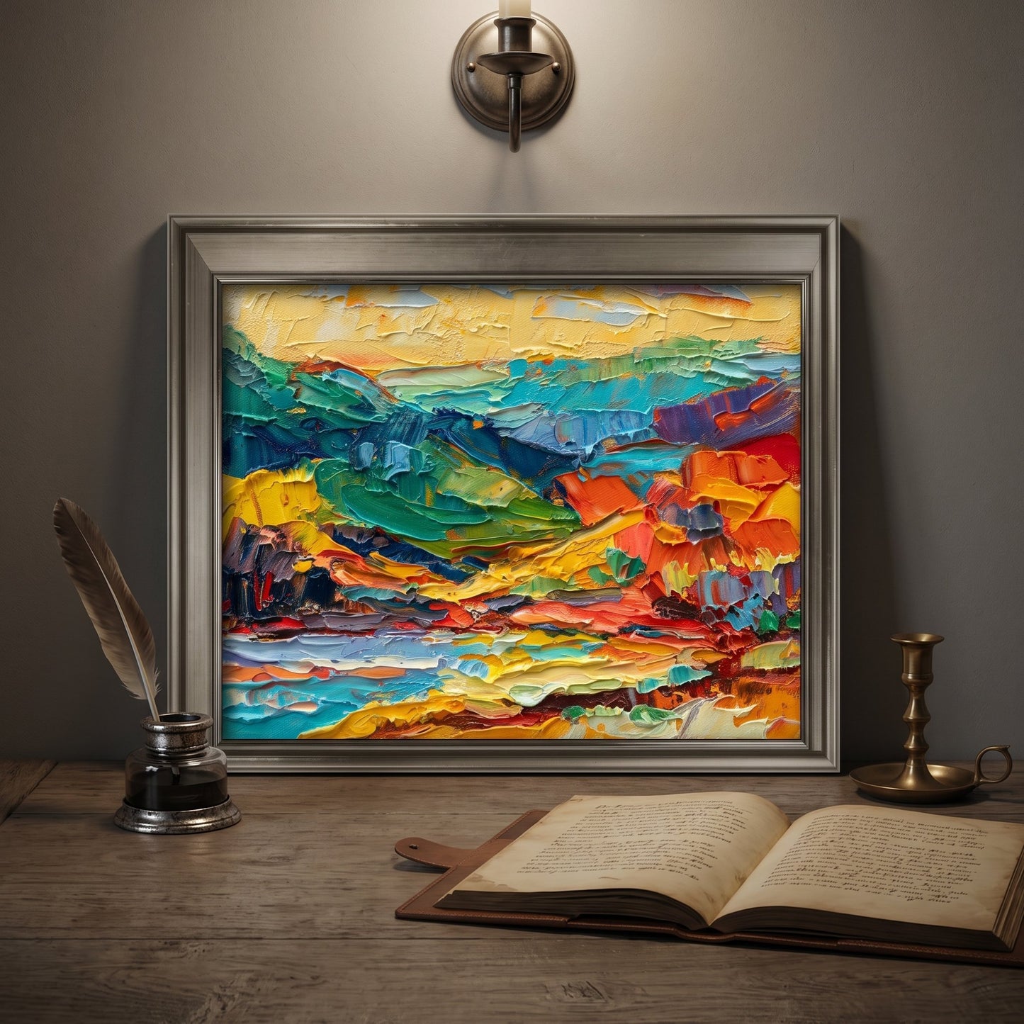 Rustic Farmhouse Study — Vibrant expressionist landscape painting adds color and energy to a serene, book-filled workspace