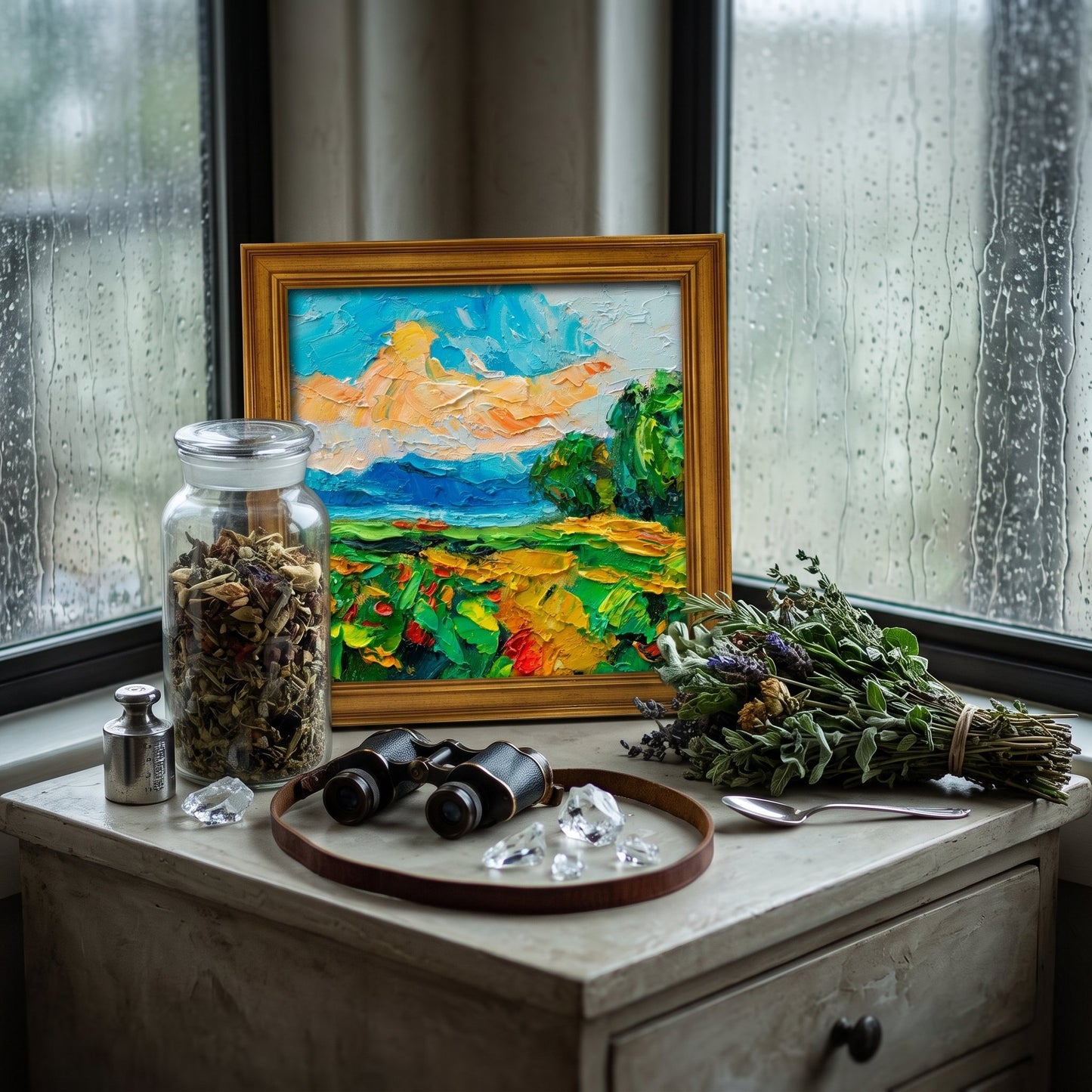 Rustic Farmhouse Entryway — Vibrant Impressionist Landscape Adds Color and Life to a Cozy, Nature-Inspired Space