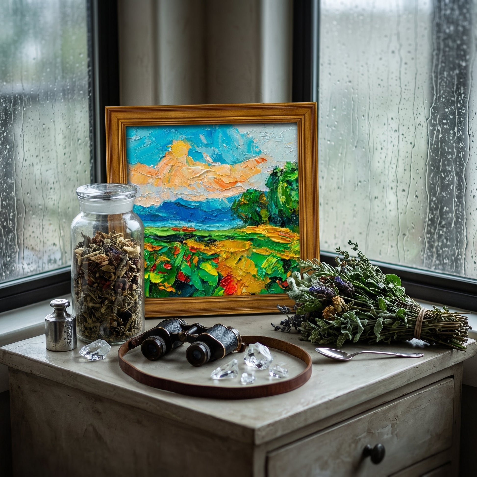 Rustic Farmhouse Entryway — Vibrant Impressionist Landscape Adds Color and Life to a Cozy, Nature-Inspired Space
