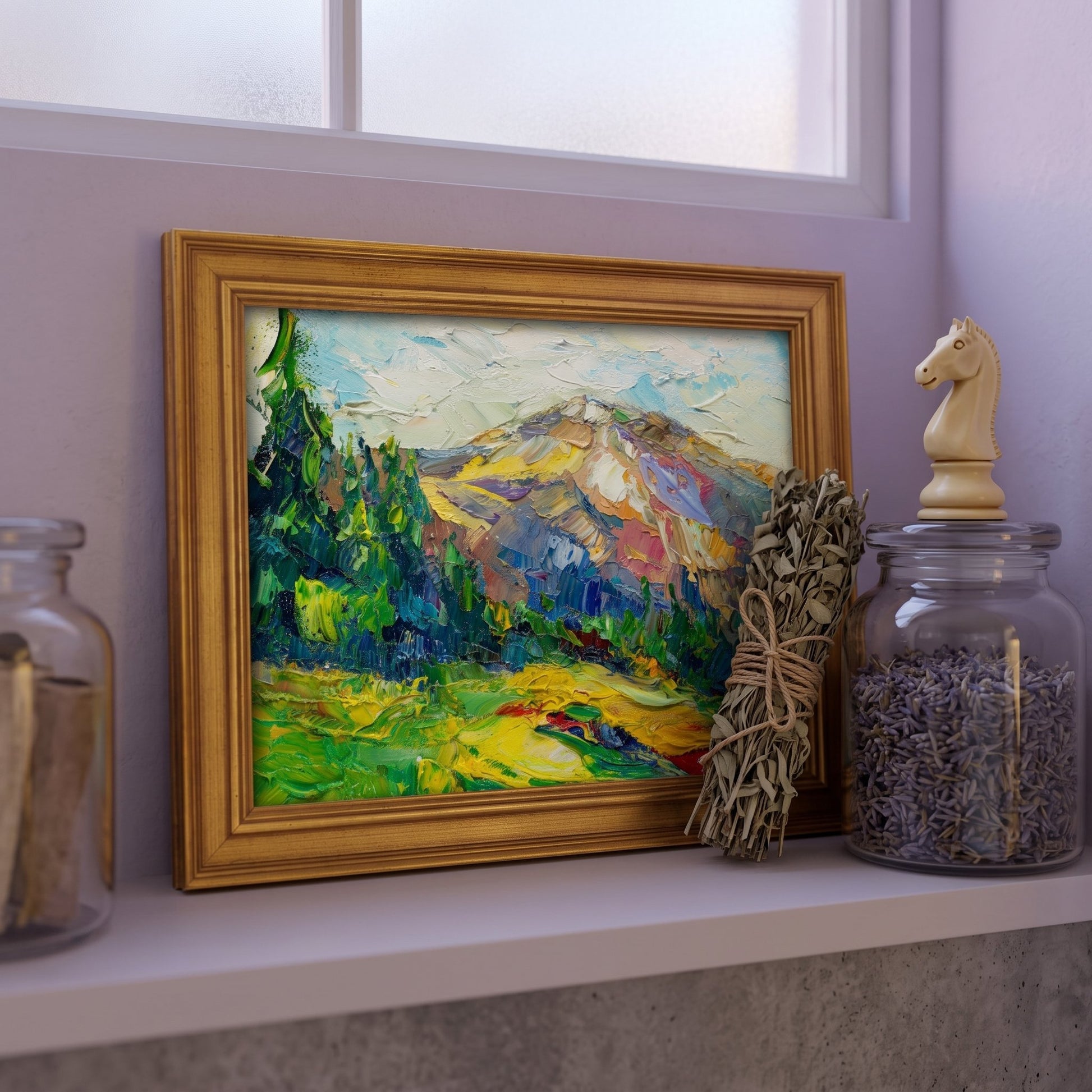 Minimalist bedroom — Vibrant Impressionist landscape painting adds color and tranquility to a serene, nature-inspired space