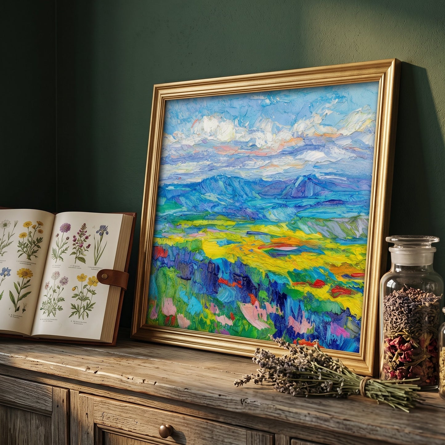 Rustic farmhouse entryway — vibrant Impressionist landscape transforms the space with bold color and natural serenity