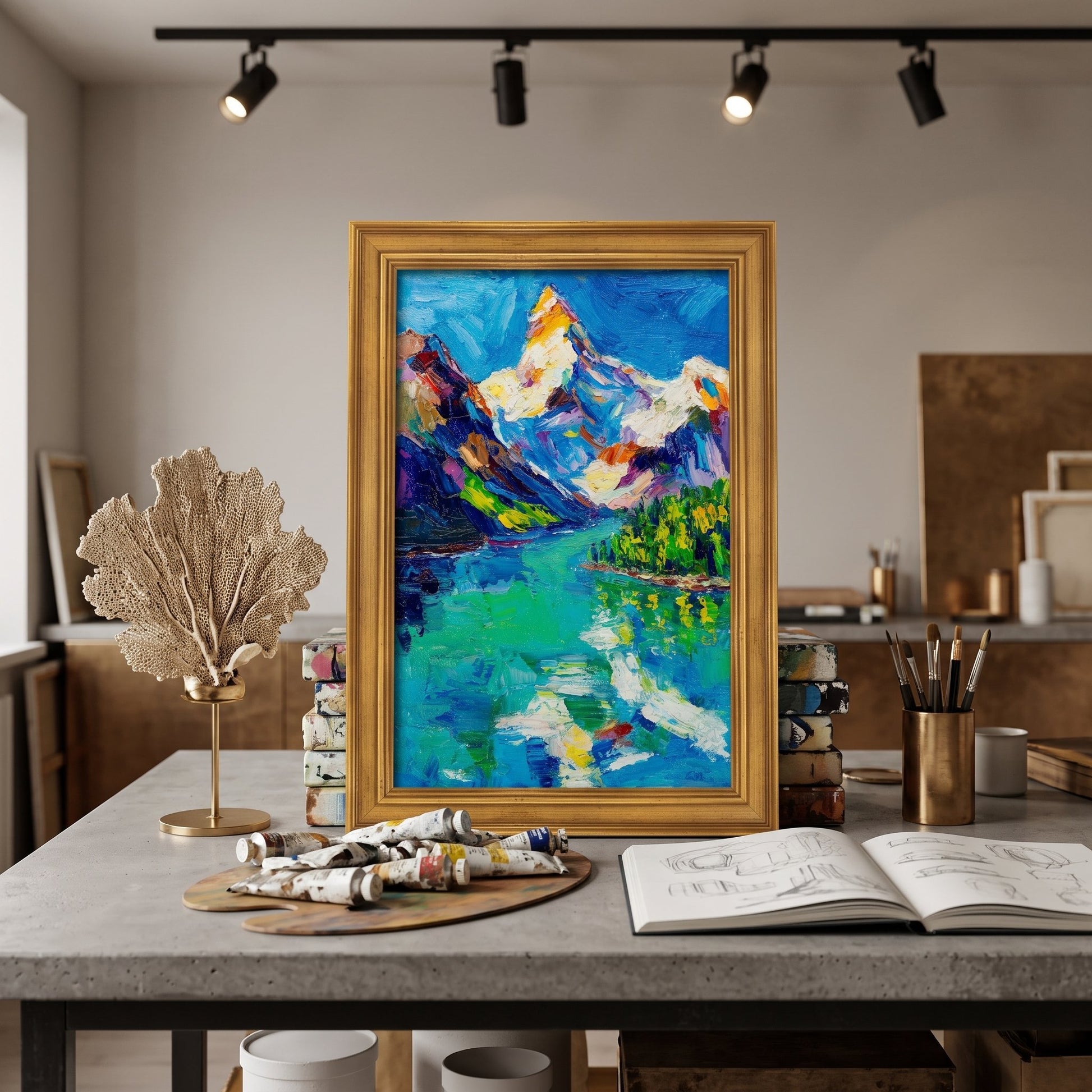 Contemporary artist studio — vibrant Expressionist landscape transforms space with bold color and emotional depth